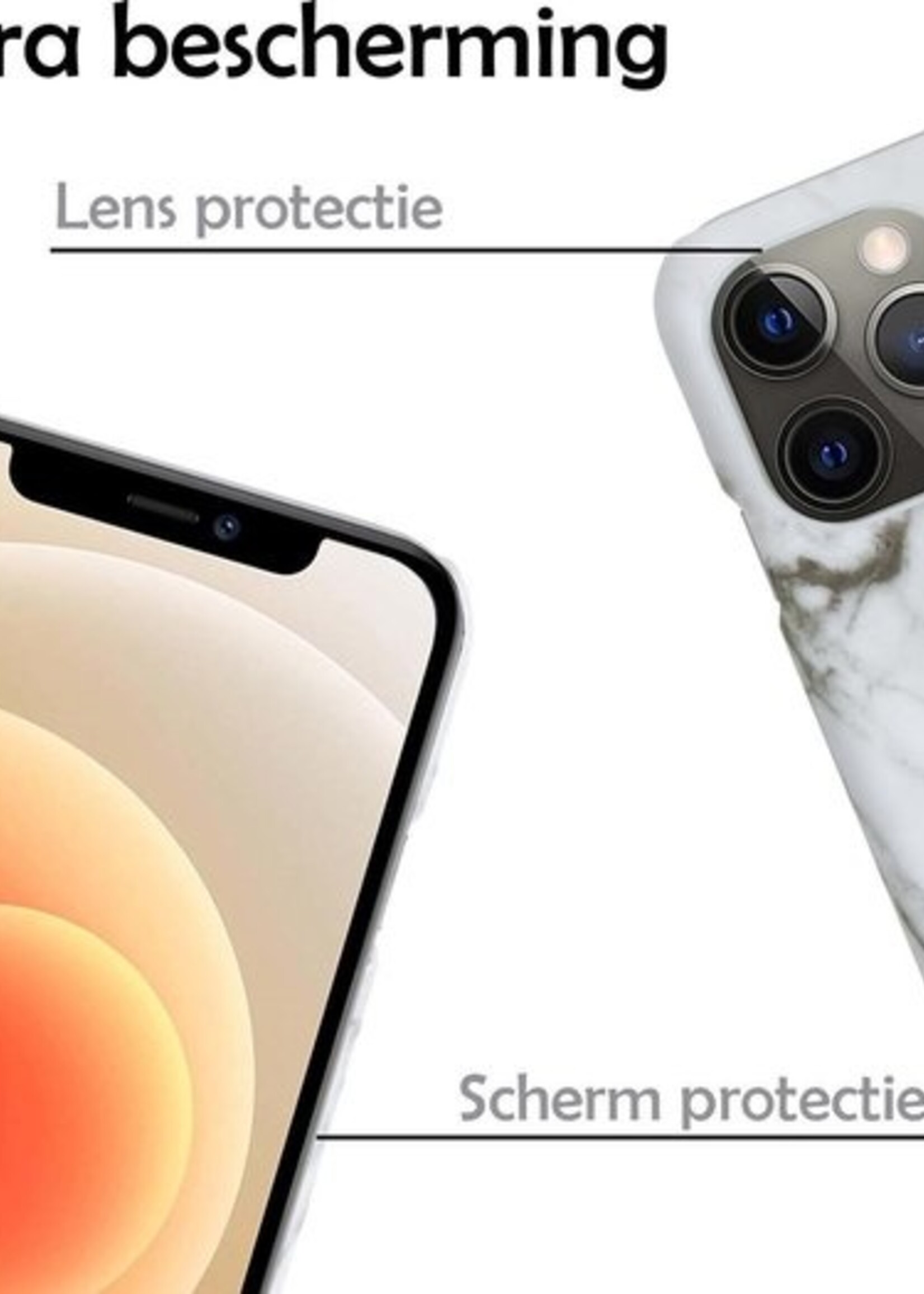 LUQ Hoesje Geschikt voor iPhone 12 Pro Max Hoesje Marmer Case Hard Cover Met 2x Screenprotector - Hoes Geschikt voor iPhone 12 Pro Max Case Marmer Hoesje Backcover - Wit