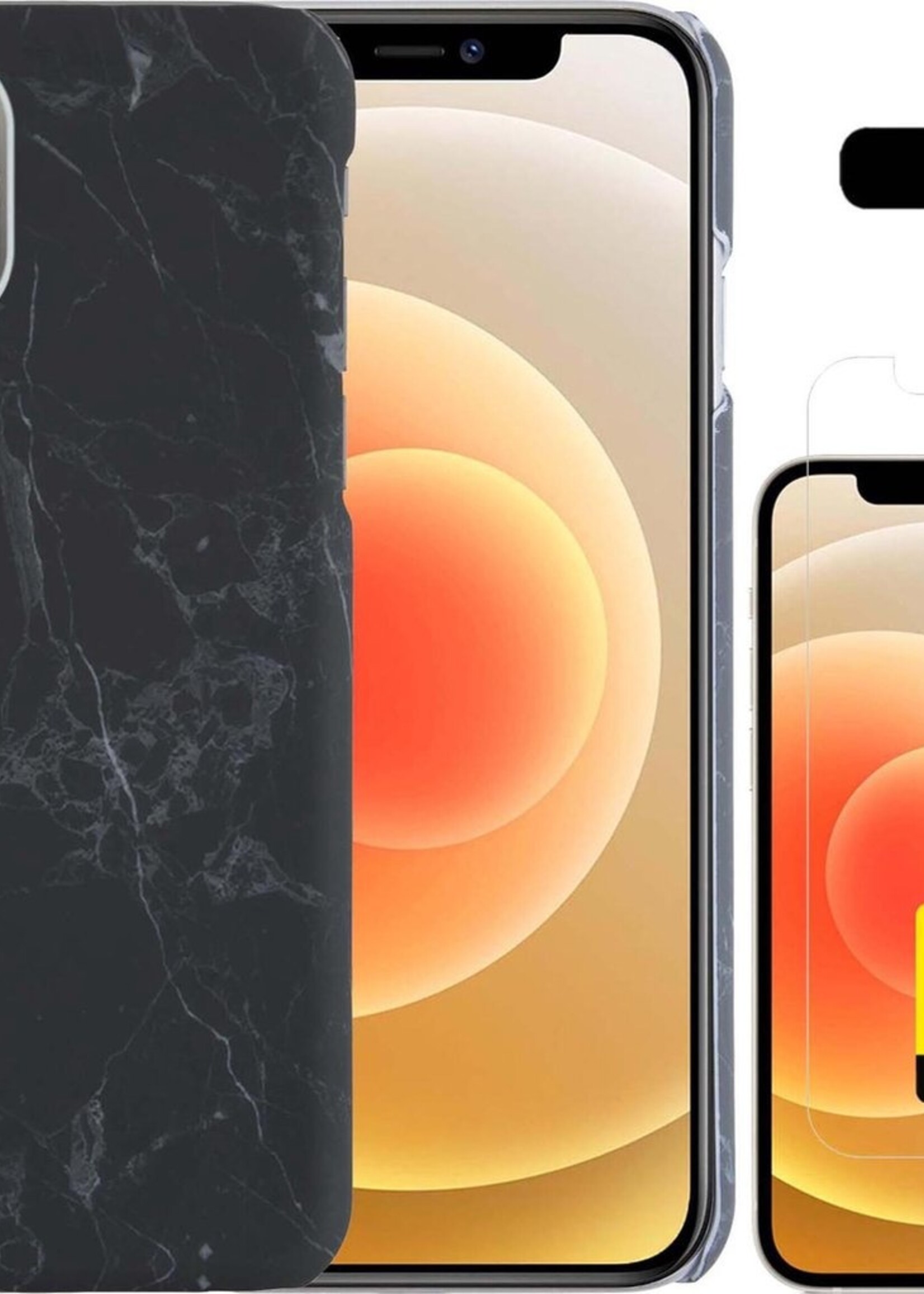 LUQ Hoesje Geschikt voor iPhone 12 Pro Max Hoesje Marmer Case Hard Cover Met 2x Screenprotector - Hoes Geschikt voor iPhone 12 Pro Max Case Marmer Hoesje Backcover - Zwart