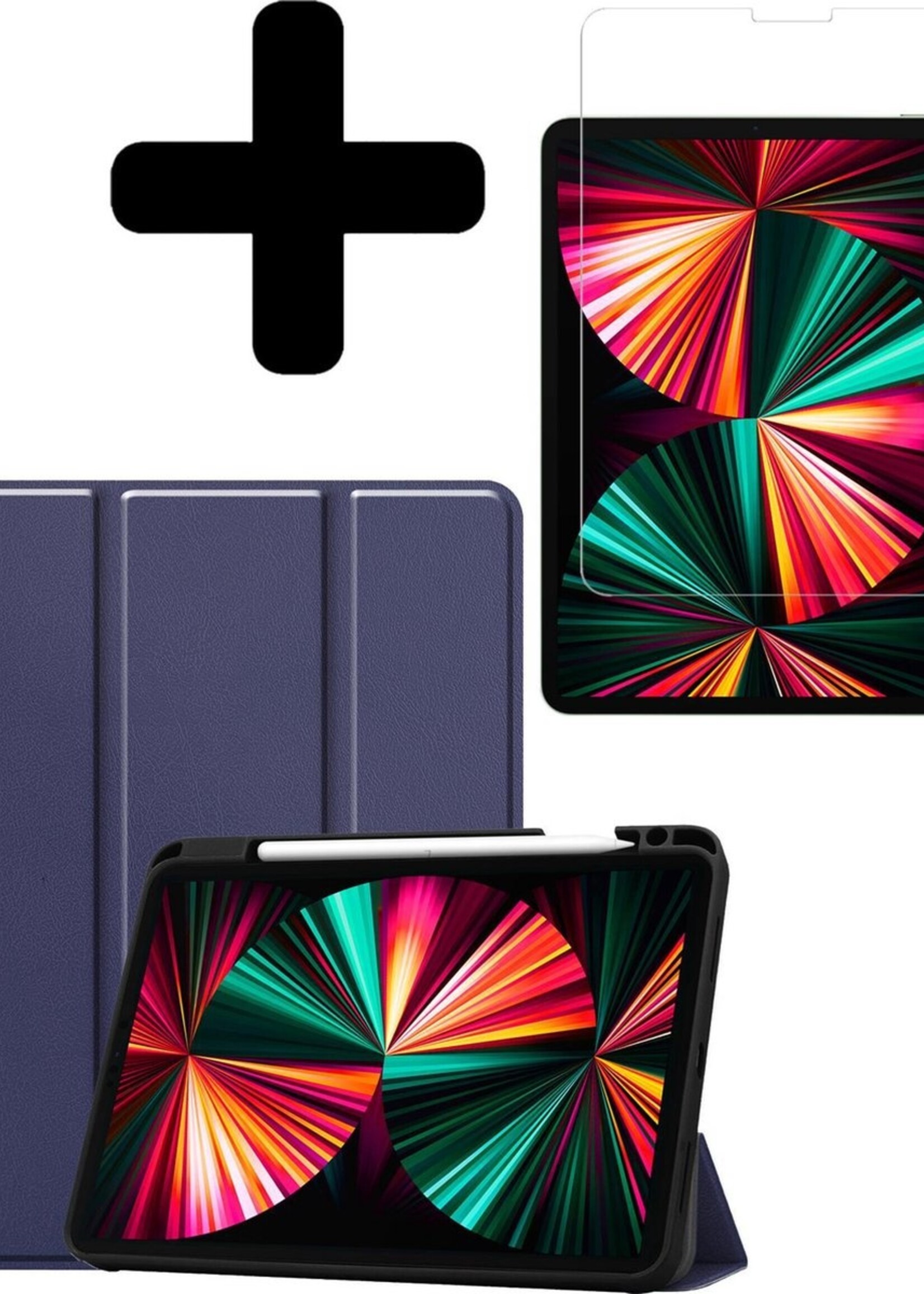 LUQ Hoes Geschikt voor iPad Pro 2021 (12,9 inch) Hoes Luxe Hoesje Case Met Uitsparing Geschikt voor Apple Pencil Met Screenprotector - Hoesje Geschikt voor iPad Pro 12,9 inch (2021) Hoes Cover - Donkerblauw