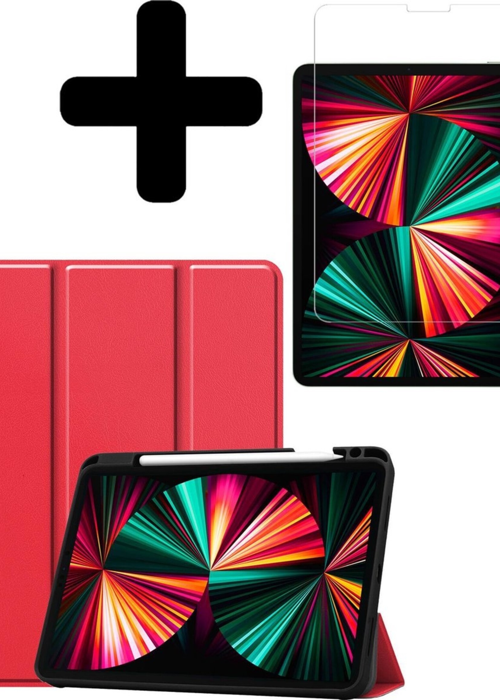 LUQ Hoes Geschikt voor iPad Pro 2021 (12,9 inch) Hoes Luxe Hoesje Case Met Uitsparing Geschikt voor Apple Pencil Met Screenprotector - Hoesje Geschikt voor iPad Pro 12,9 inch (2021) Hoes Cover - Rood