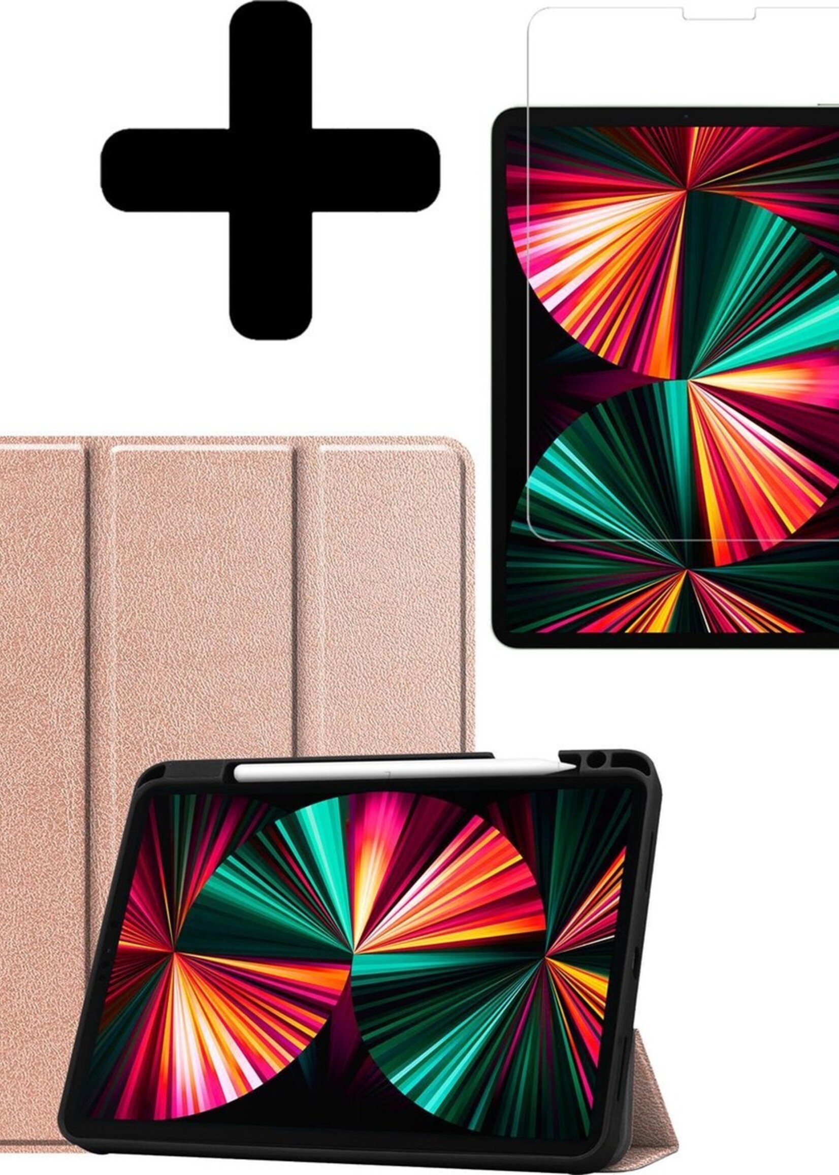 LUQ Hoes Geschikt voor iPad Pro 2021 (12,9 inch) Hoes Luxe Hoesje Case Met Uitsparing Geschikt voor Apple Pencil Met Screenprotector - Hoesje Geschikt voor iPad Pro 12,9 inch (2021) Hoes Cover - Rosé goud
