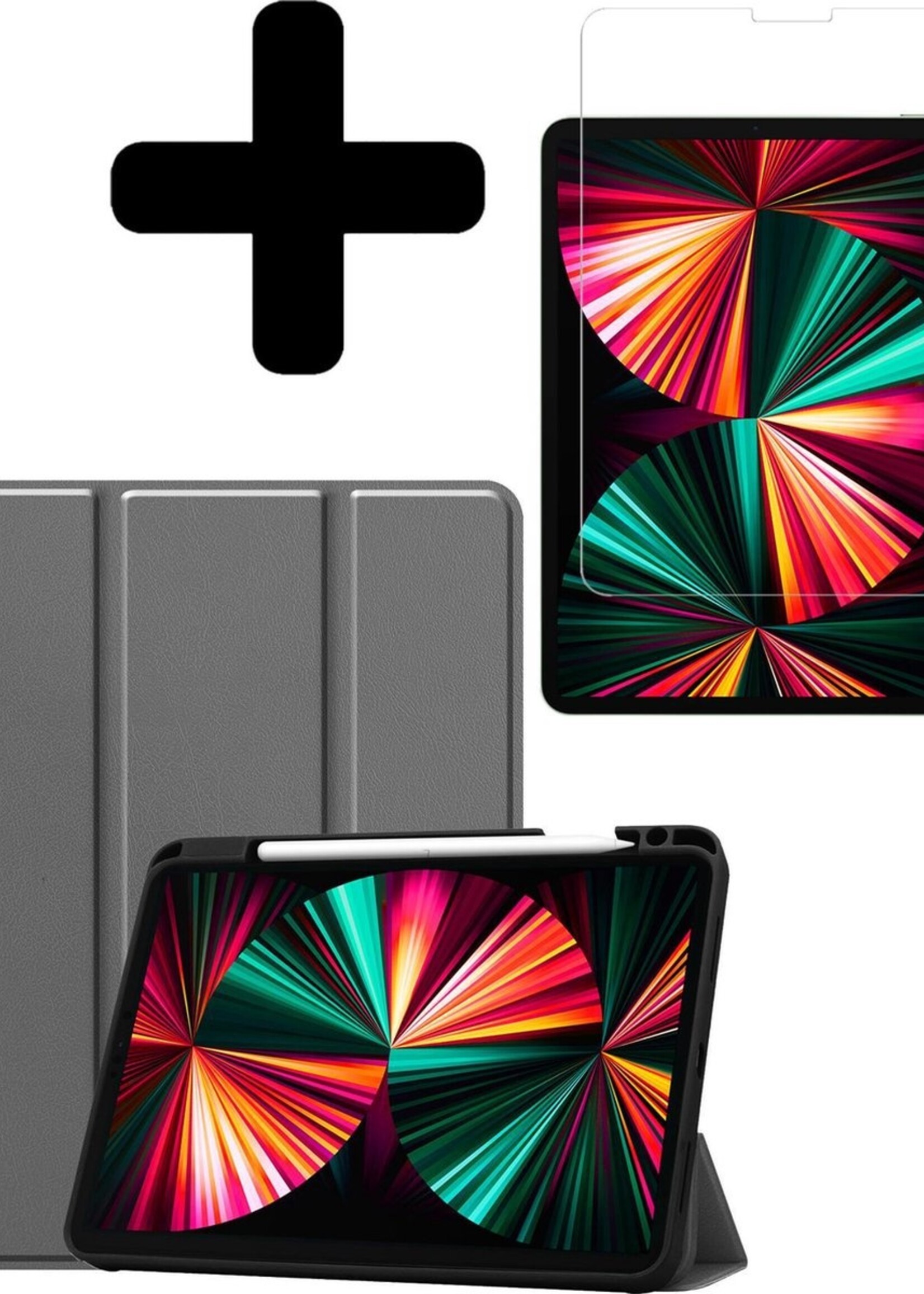 LUQ Hoes Geschikt voor iPad Pro 2021 (12,9 inch) Hoes Luxe Hoesje Case Met Uitsparing Geschikt voor Apple Pencil Met Screenprotector - Hoesje Geschikt voor iPad Pro 12,9 inch (2021) Hoes Cover - Grijs