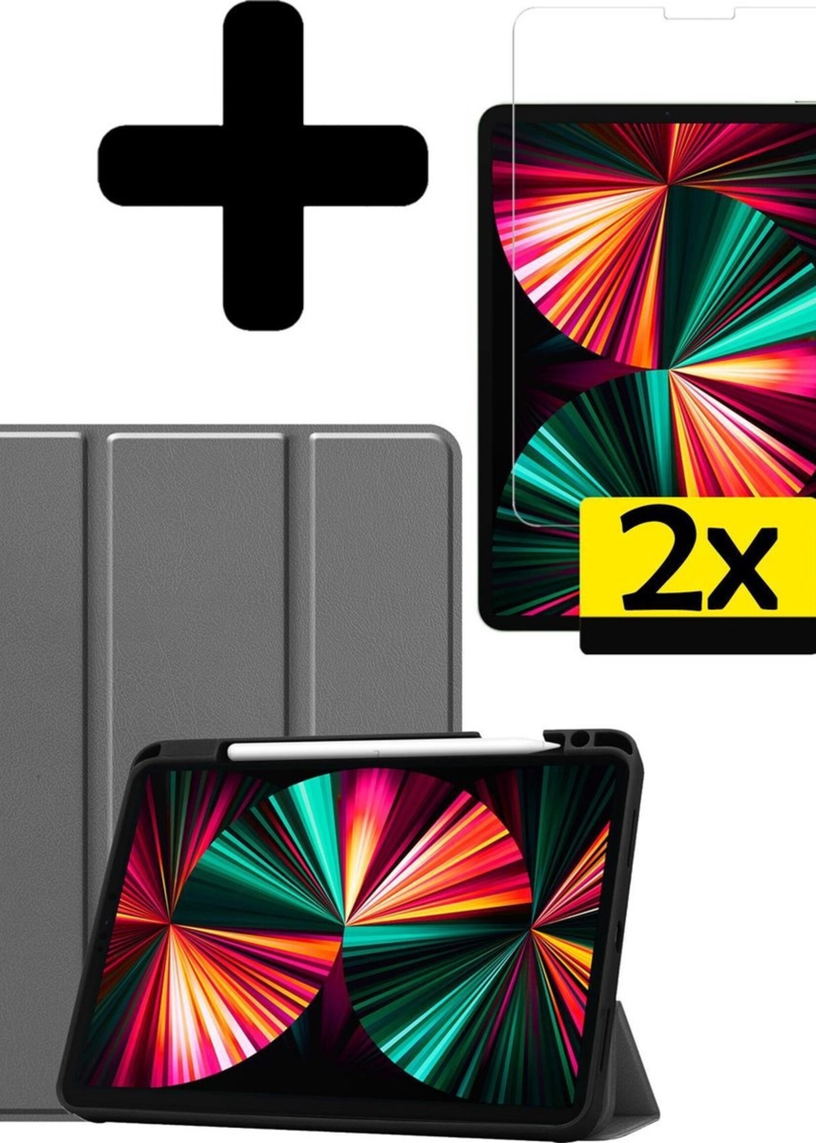LUQ Hoes Geschikt voor iPad Pro 2021 (12,9 inch) Hoes Luxe Hoesje Case Met Uitsparing Geschikt voor Apple Pencil Met Screenprotector - Hoesje Geschikt voor iPad Pro 12,9 inch (2021) Hoes Cover - Grijs