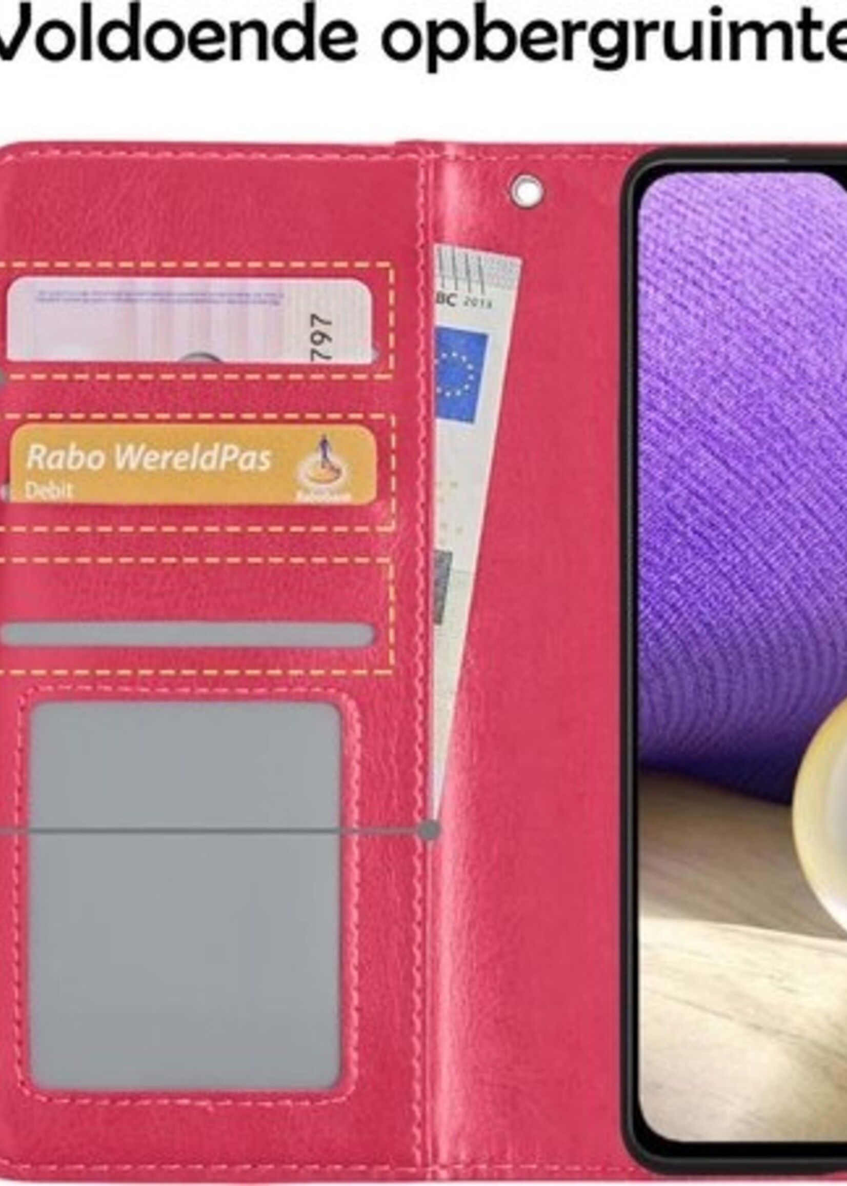 LUQ Hoesje Geschikt voor Samsung A32 4G Hoesje Book Case Hoes Wallet Cover Met Screenprotector - Hoes Geschikt voor Samsung Galaxy A32 4G Hoesje Bookcase Hoes - Donkerroze