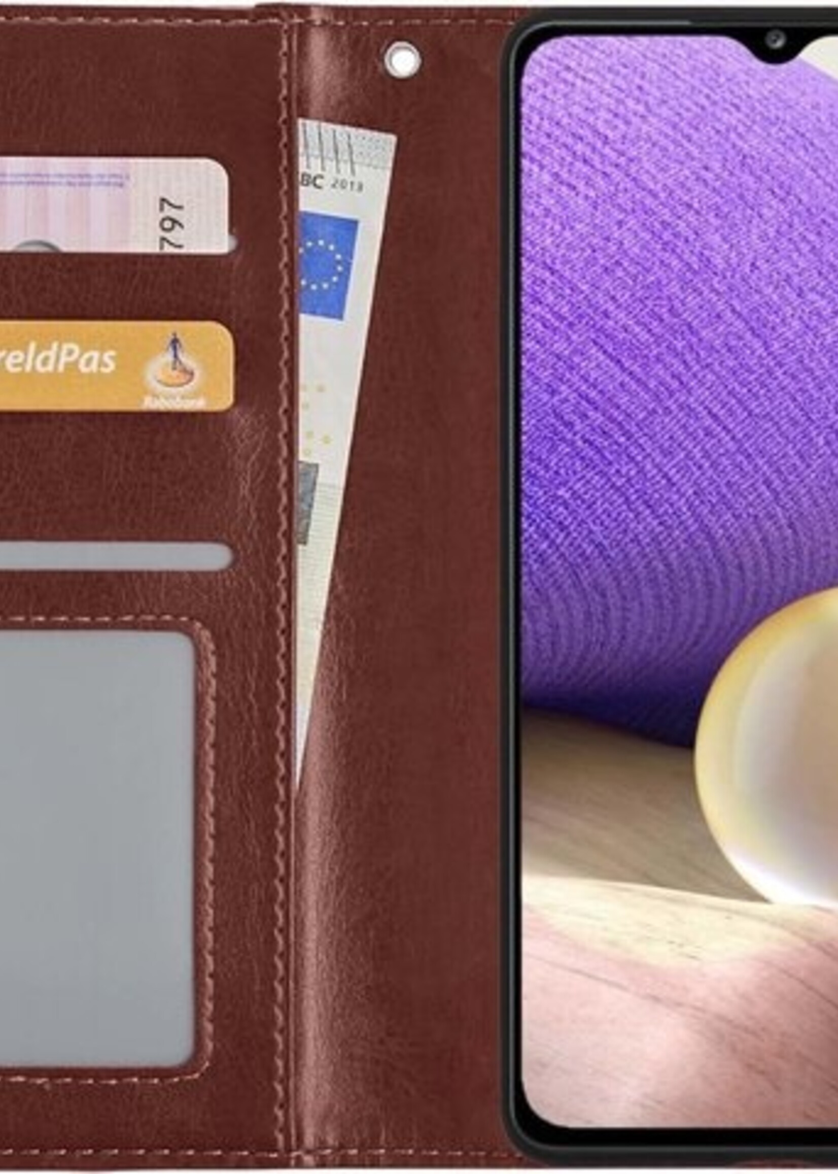 LUQ Hoesje Geschikt voor Samsung A32 4G Hoesje Book Case Hoes Wallet Cover Met 2x Screenprotector - Hoes Geschikt voor Samsung Galaxy A32 4G Hoesje Bookcase Hoes - Bruin