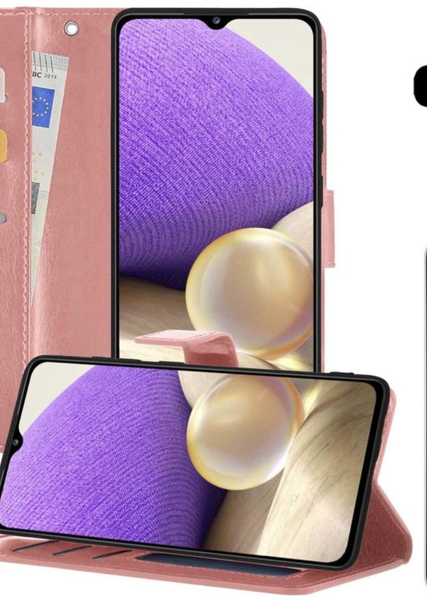 LUQ Hoesje Geschikt voor Samsung A32 4G Hoesje Book Case Hoes Wallet Cover Met 2x Screenprotector - Hoes Geschikt voor Samsung Galaxy A32 4G Hoesje Bookcase Hoes - Rosé goud