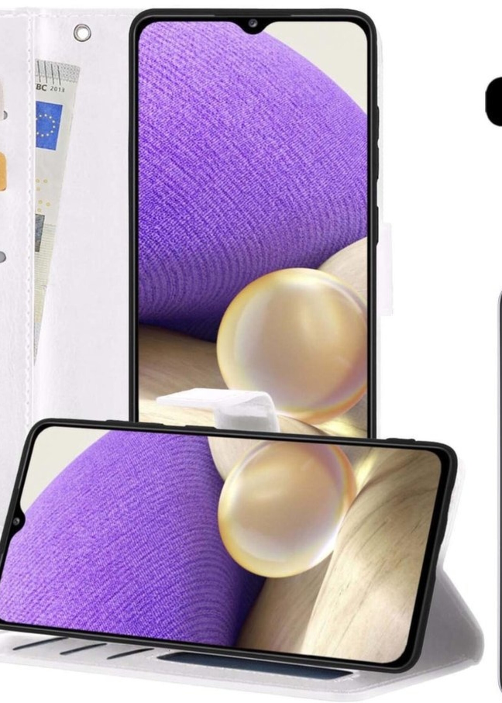 LUQ Hoesje Geschikt voor Samsung A32 4G Hoesje Book Case Hoes Wallet Cover Met 2x Screenprotector - Hoes Geschikt voor Samsung Galaxy A32 4G Hoesje Bookcase Hoes - Wit