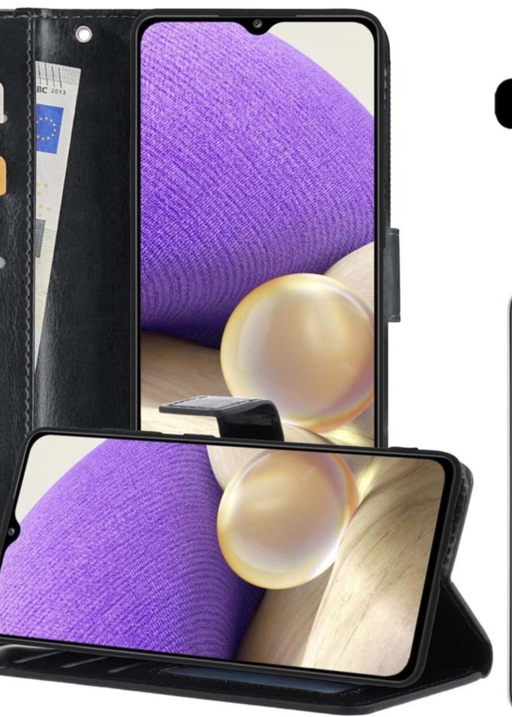 LUQ Hoesje Geschikt voor Samsung A32 4G Hoesje Book Case Hoes Wallet Cover Met 2x Screenprotector - Hoes Geschikt voor Samsung Galaxy A32 4G Hoesje Bookcase Hoes - Zwart