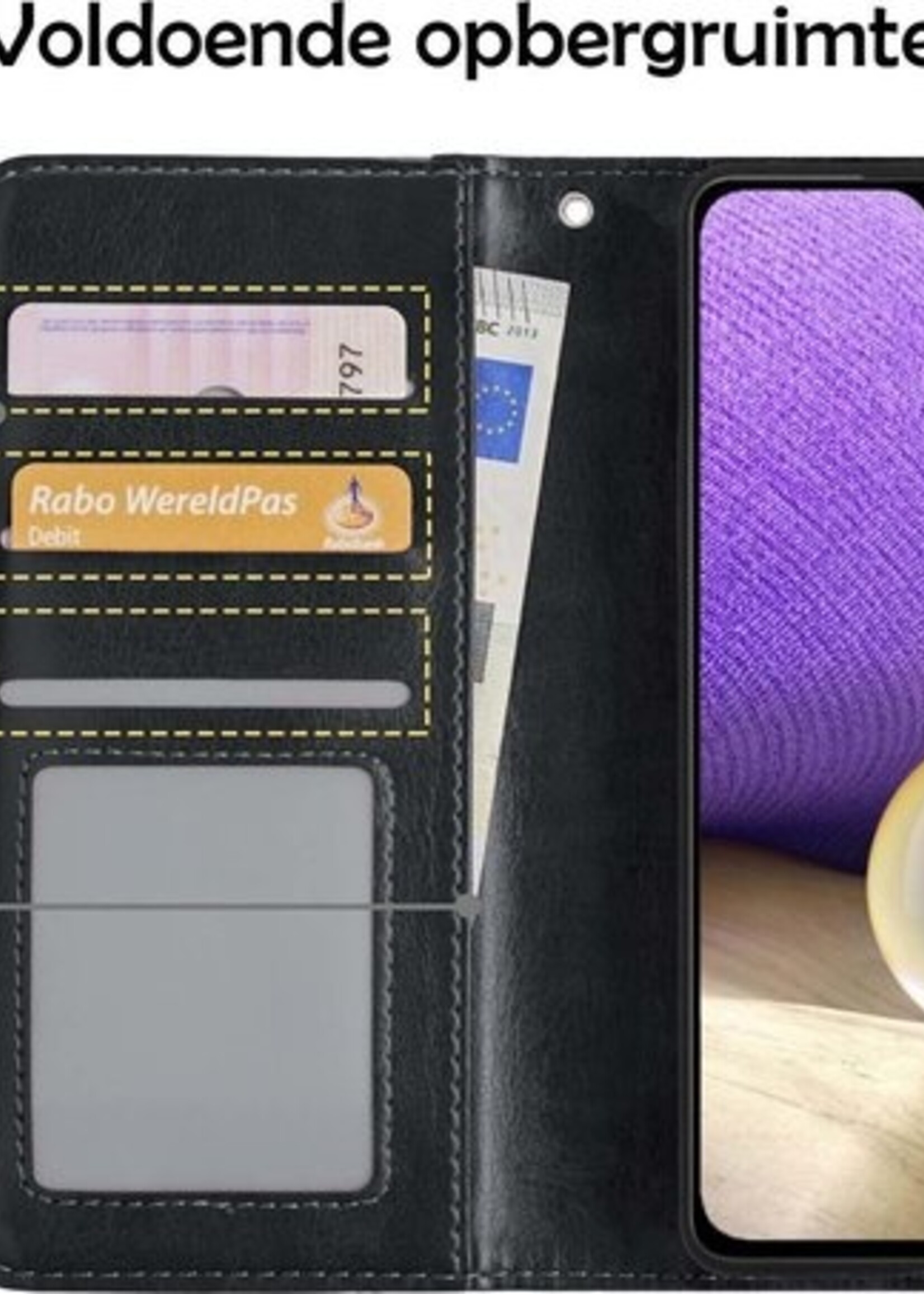 LUQ Hoesje Geschikt voor Samsung A32 4G Hoesje Book Case Hoes Wallet Cover Met 2x Screenprotector - Hoes Geschikt voor Samsung Galaxy A32 4G Hoesje Bookcase Hoes - Zwart