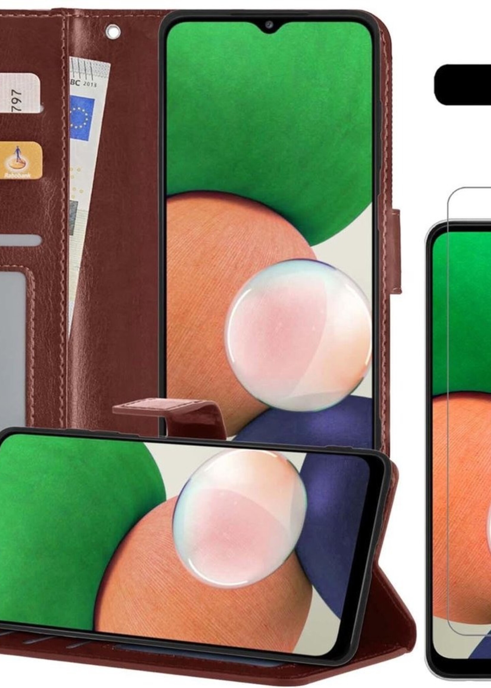 LUQ Hoesje Geschikt voor Samsung A22 4G Hoesje Book Case Hoes Wallet Cover Met Screenprotector - Hoes Geschikt voor Samsung Galaxy A22 4G Hoesje Bookcase Hoes - Bruin