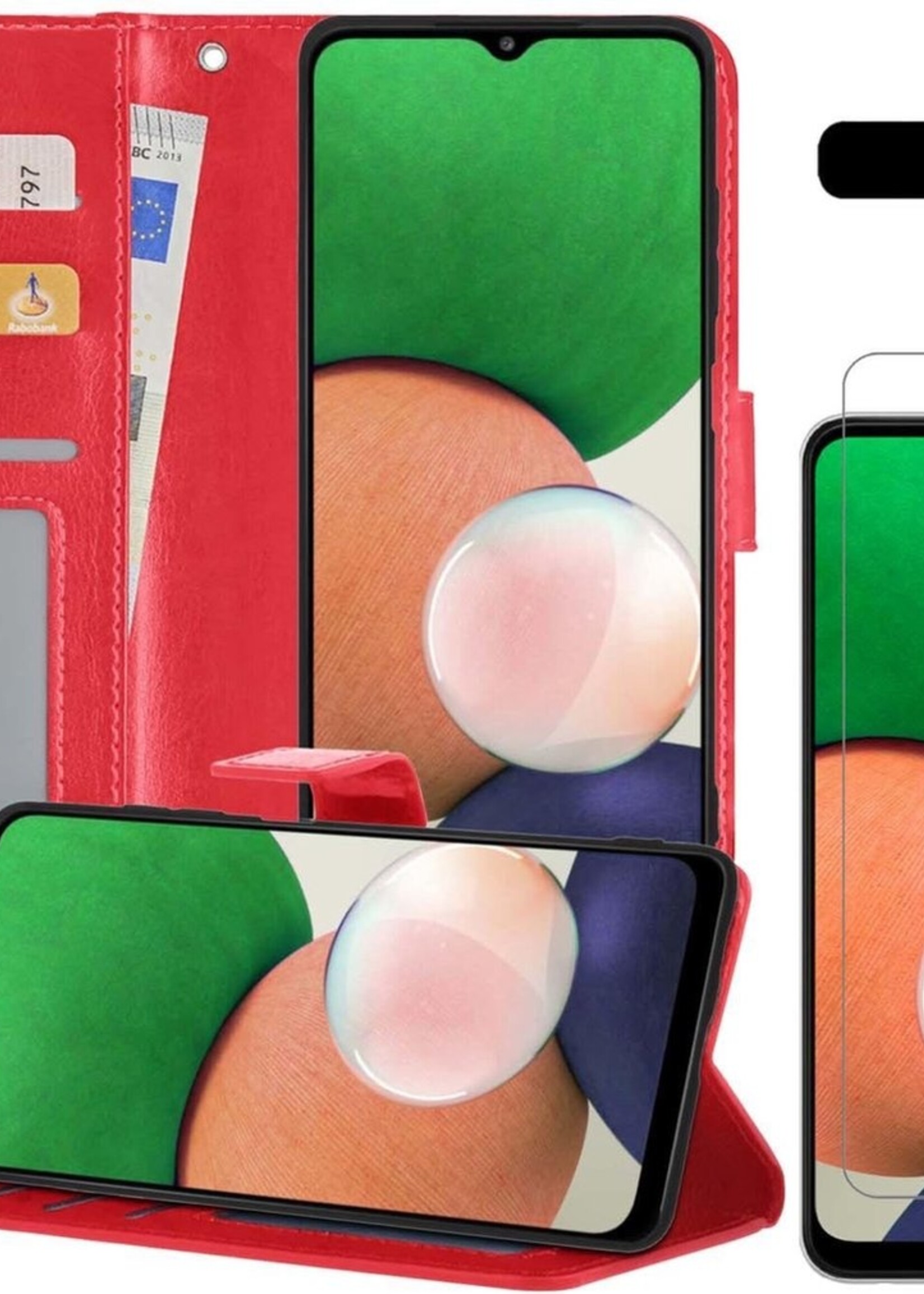 LUQ Hoesje Geschikt voor Samsung A22 4G Hoesje Book Case Hoes Wallet Cover Met Screenprotector - Hoes Geschikt voor Samsung Galaxy A22 4G Hoesje Bookcase Hoes - Rood