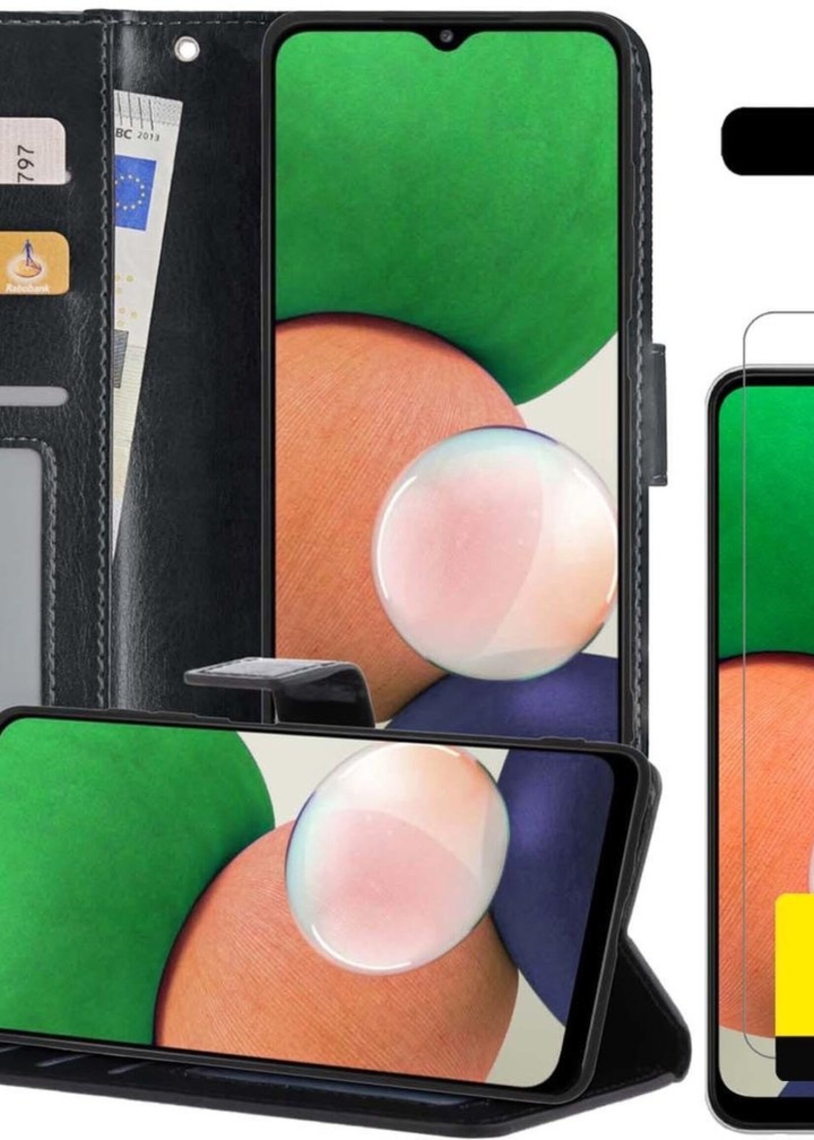 LUQ Hoesje Geschikt voor Samsung A22 4G Hoesje Book Case Hoes Wallet Cover Met 2x Screenprotector - Hoes Geschikt voor Samsung Galaxy A22 4G Hoesje Bookcase Hoes - Zwart