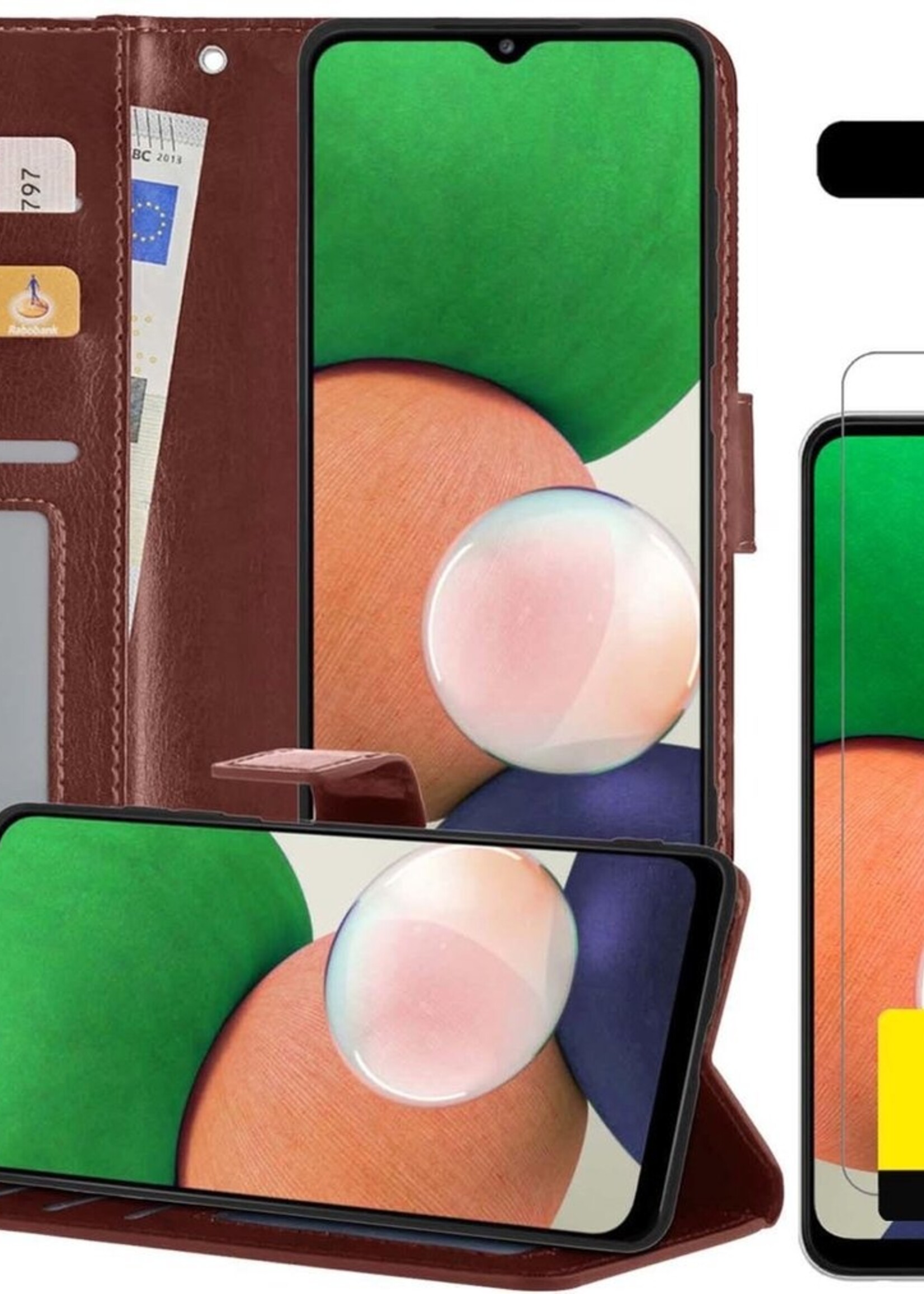 LUQ Hoesje Geschikt voor Samsung A22 4G Hoesje Book Case Hoes Wallet Cover Met 2x Screenprotector - Hoes Geschikt voor Samsung Galaxy A22 4G Hoesje Bookcase Hoes - Bruin