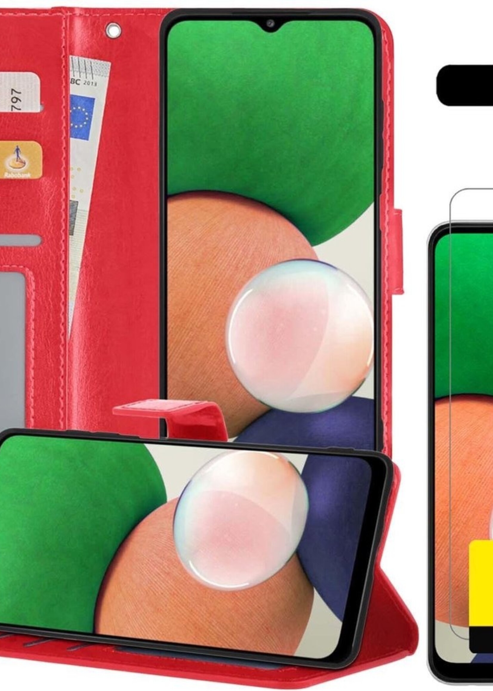 LUQ Hoesje Geschikt voor Samsung A22 4G Hoesje Book Case Hoes Wallet Cover Met 2x Screenprotector - Hoes Geschikt voor Samsung Galaxy A22 4G Hoesje Bookcase Hoes - Rood