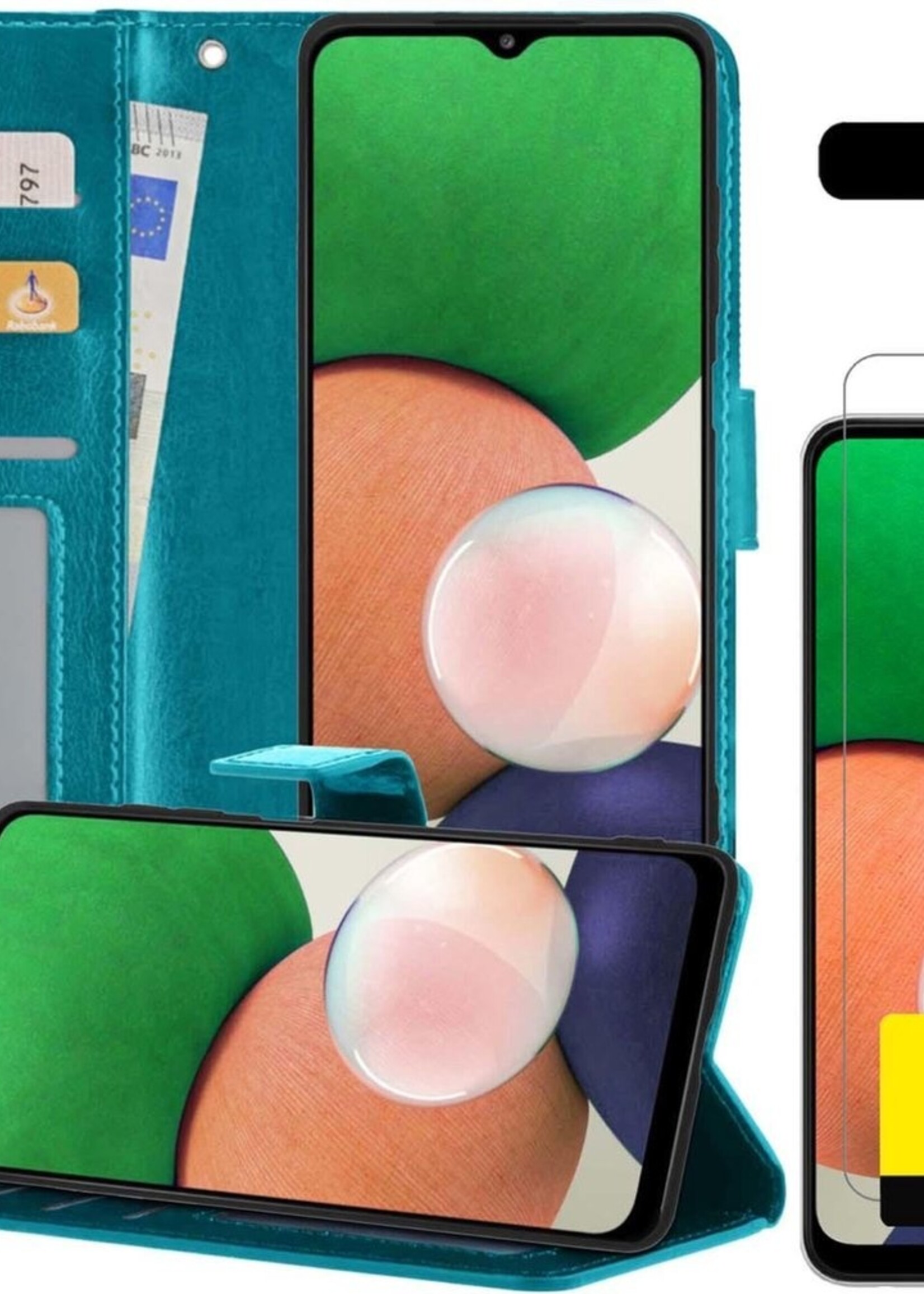 LUQ Hoesje Geschikt voor Samsung A22 4G Hoesje Book Case Hoes Wallet Cover Met 2x Screenprotector - Hoes Geschikt voor Samsung Galaxy A22 4G Hoesje Bookcase Hoes - Turquoise