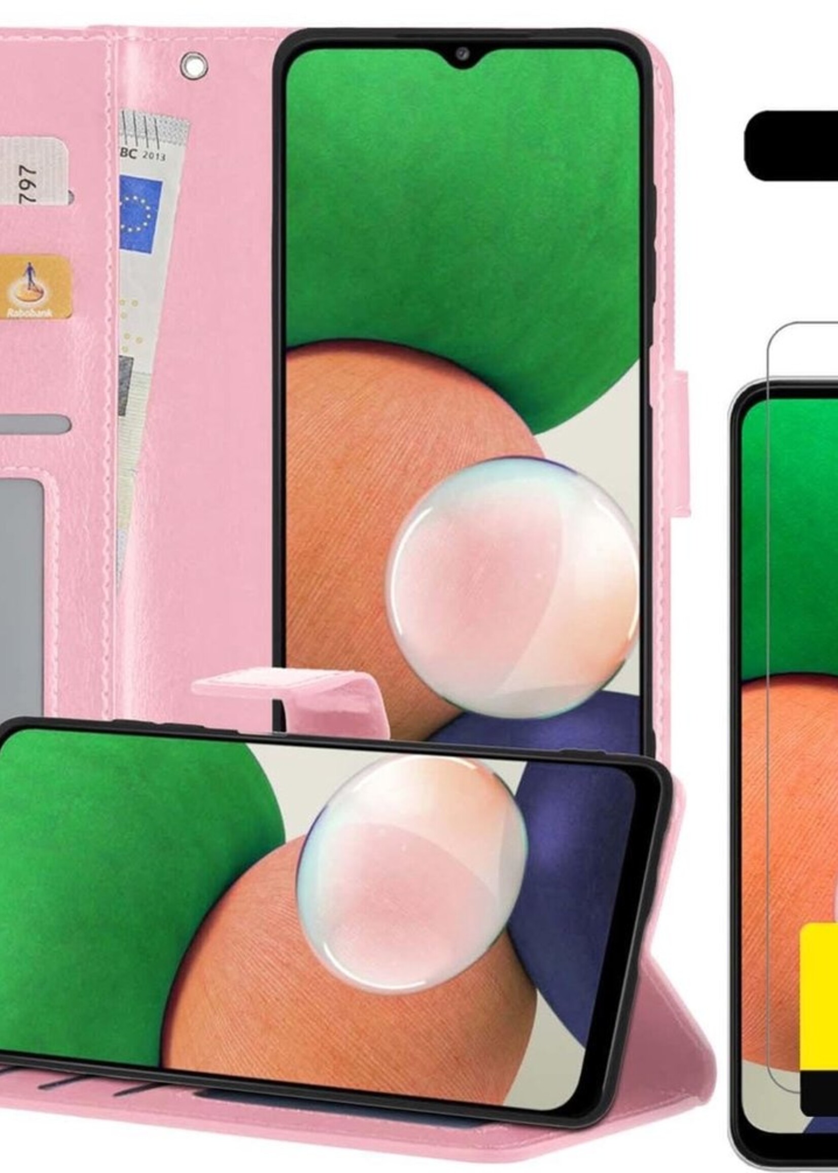 LUQ Hoesje Geschikt voor Samsung A22 4G Hoesje Book Case Hoes Wallet Cover Met 2x Screenprotector - Hoes Geschikt voor Samsung Galaxy A22 4G Hoesje Bookcase Hoes - Lichtroze