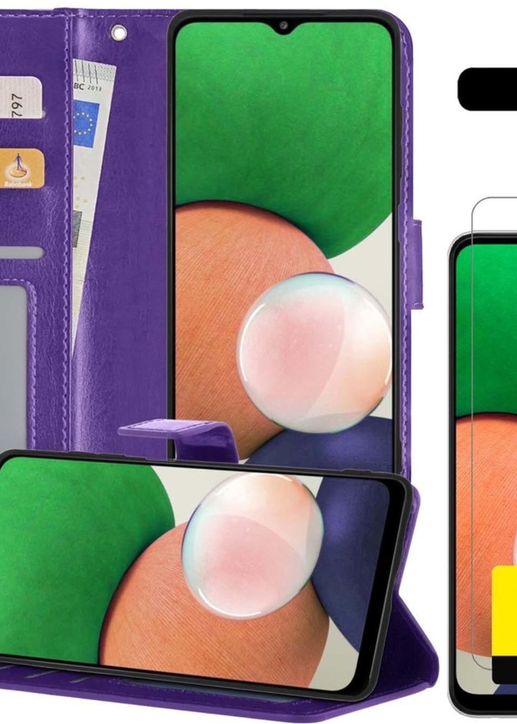LUQ Hoesje Geschikt voor Samsung A22 4G Hoesje Book Case Hoes Wallet Cover Met 2x Screenprotector - Hoes Geschikt voor Samsung Galaxy A22 4G Hoesje Bookcase Hoes - Paars