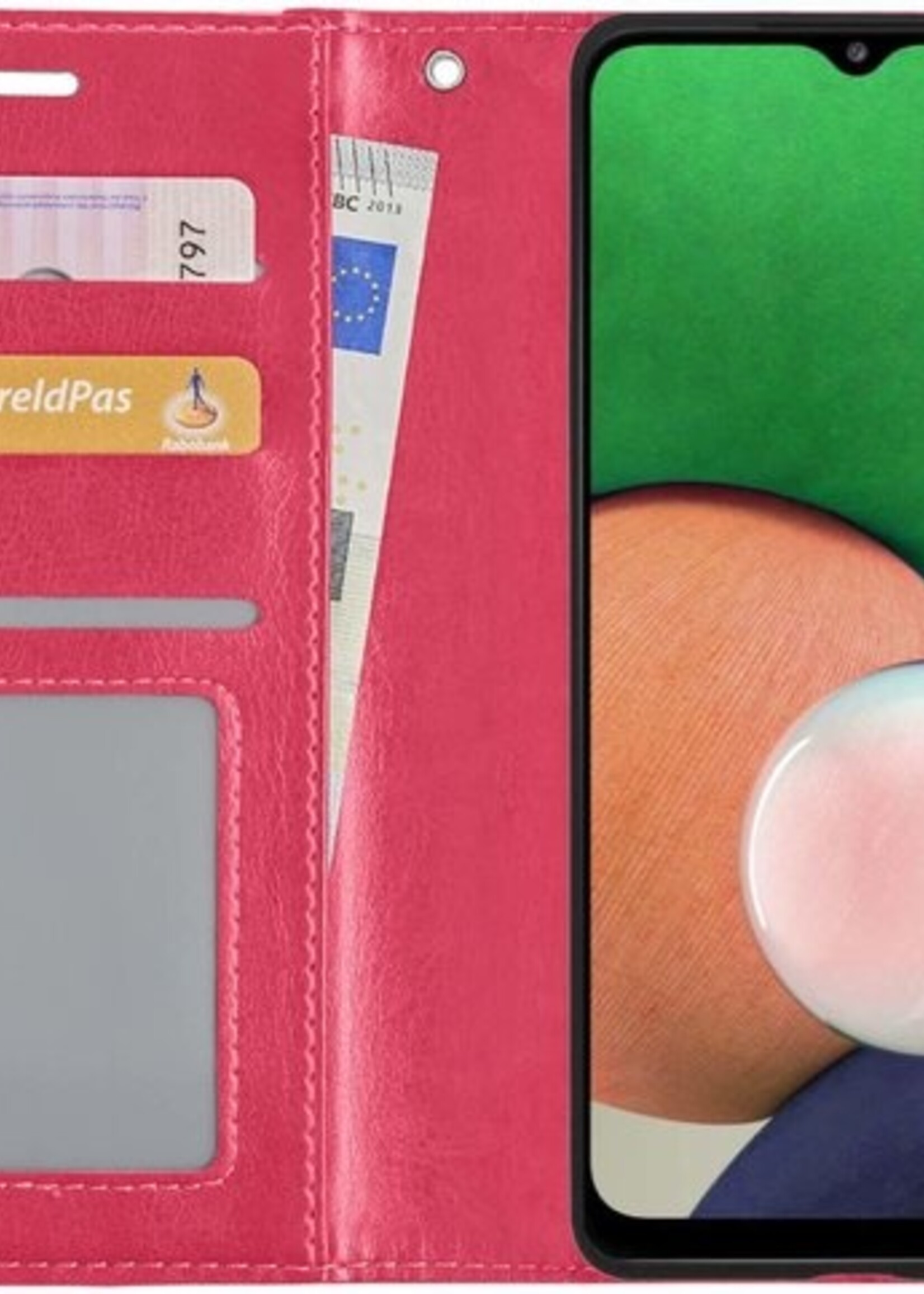 LUQ Hoesje Geschikt voor Samsung A22 4G Hoesje Book Case Hoes Wallet Cover Met 2x Screenprotector - Hoes Geschikt voor Samsung Galaxy A22 4G Hoesje Bookcase Hoes - Donkerroze