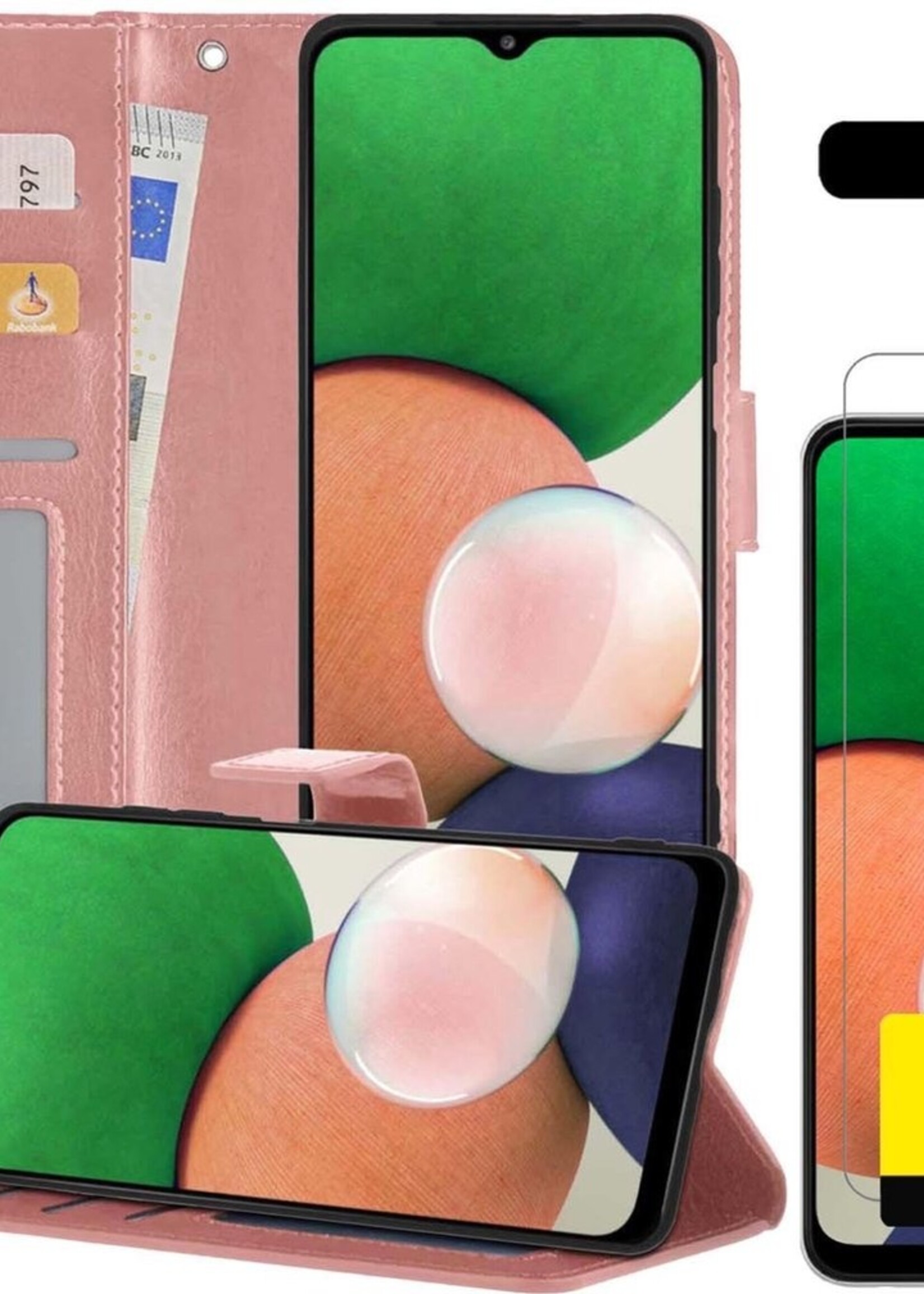 LUQ Hoesje Geschikt voor Samsung A22 4G Hoesje Book Case Hoes Wallet Cover Met 2x Screenprotector - Hoes Geschikt voor Samsung Galaxy A22 4G Hoesje Bookcase Hoes - Rosé goud