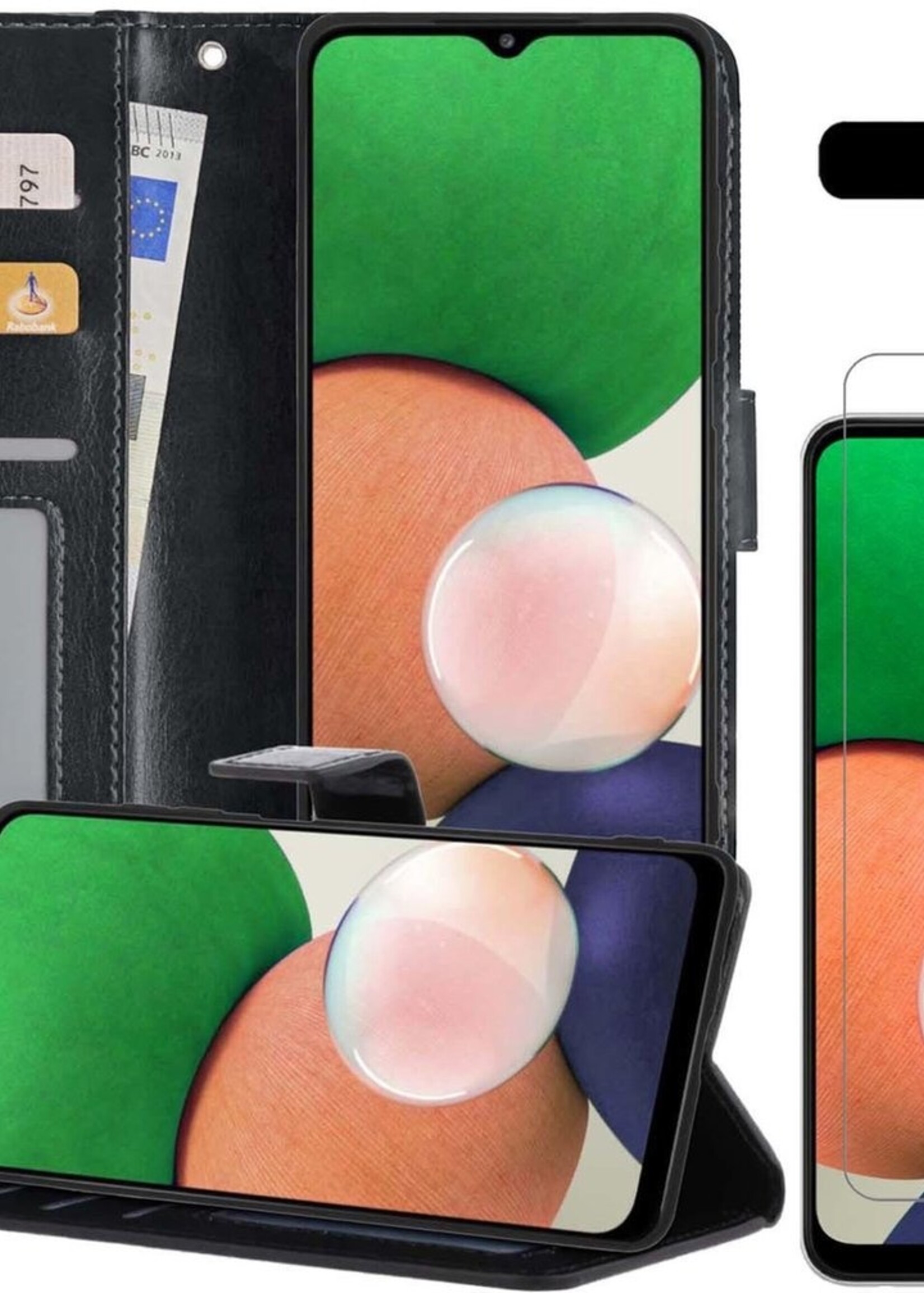 LUQ Hoesje Geschikt voor Samsung A22 5G Hoesje Book Case Hoes Wallet Cover Met Screenprotector - Hoes Geschikt voor Samsung Galaxy A22 5G Hoesje Bookcase Hoes - Zwart