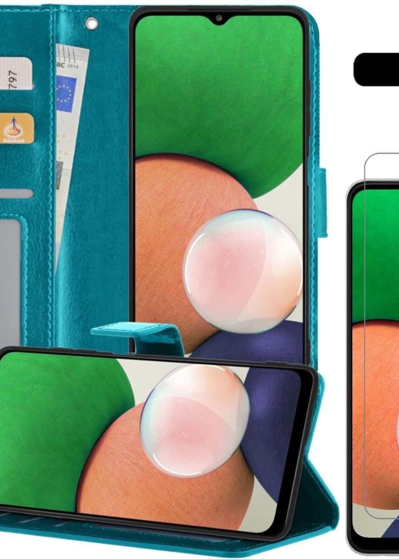 LUQ Hoesje Geschikt voor Samsung A22 5G Hoesje Book Case Hoes Wallet Cover Met Screenprotector - Hoes Geschikt voor Samsung Galaxy A22 5G Hoesje Bookcase Hoes - Turquoise