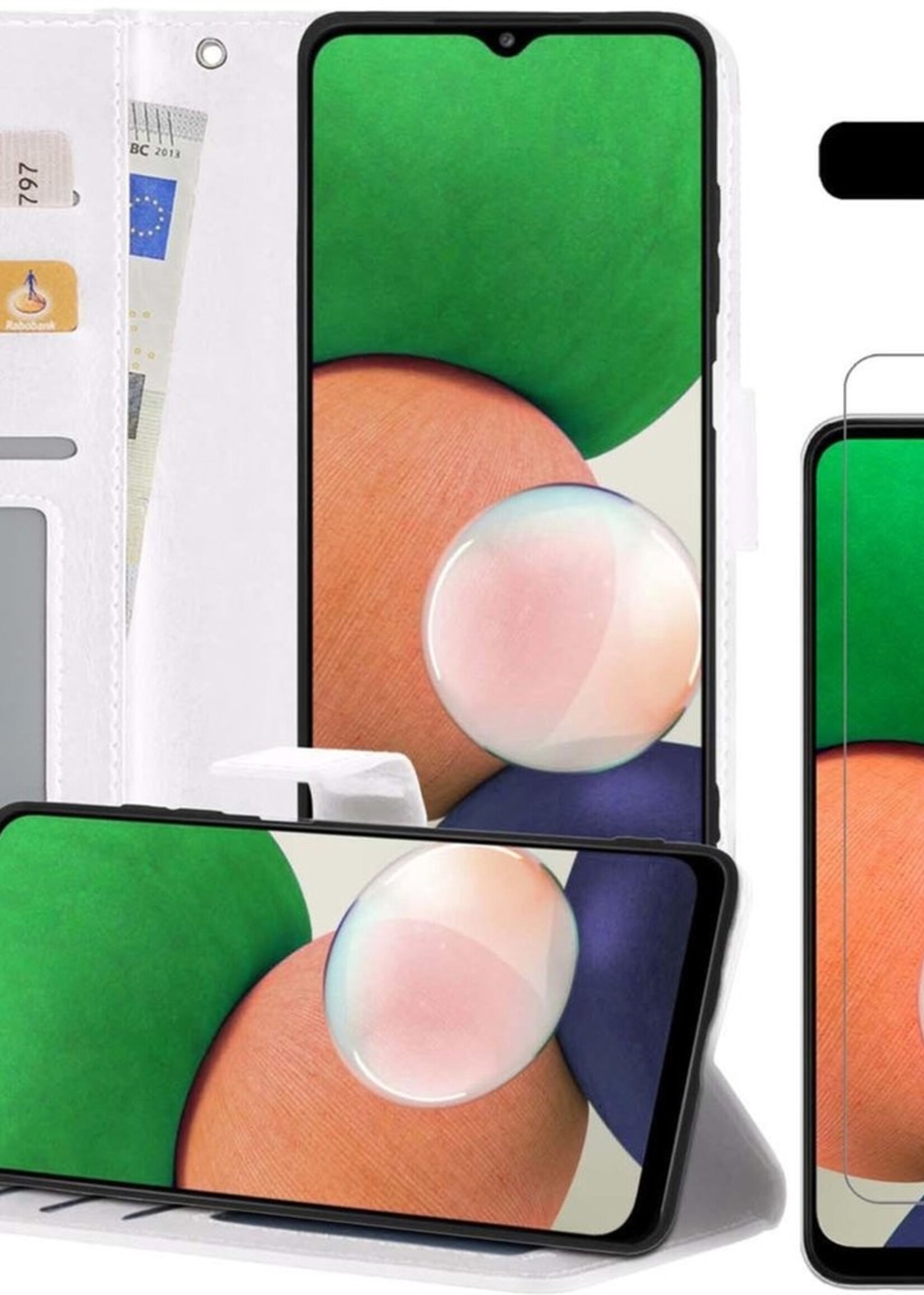 LUQ Hoesje Geschikt voor Samsung A22 5G Hoesje Book Case Hoes Wallet Cover Met Screenprotector - Hoes Geschikt voor Samsung Galaxy A22 5G Hoesje Bookcase Hoes - Wit