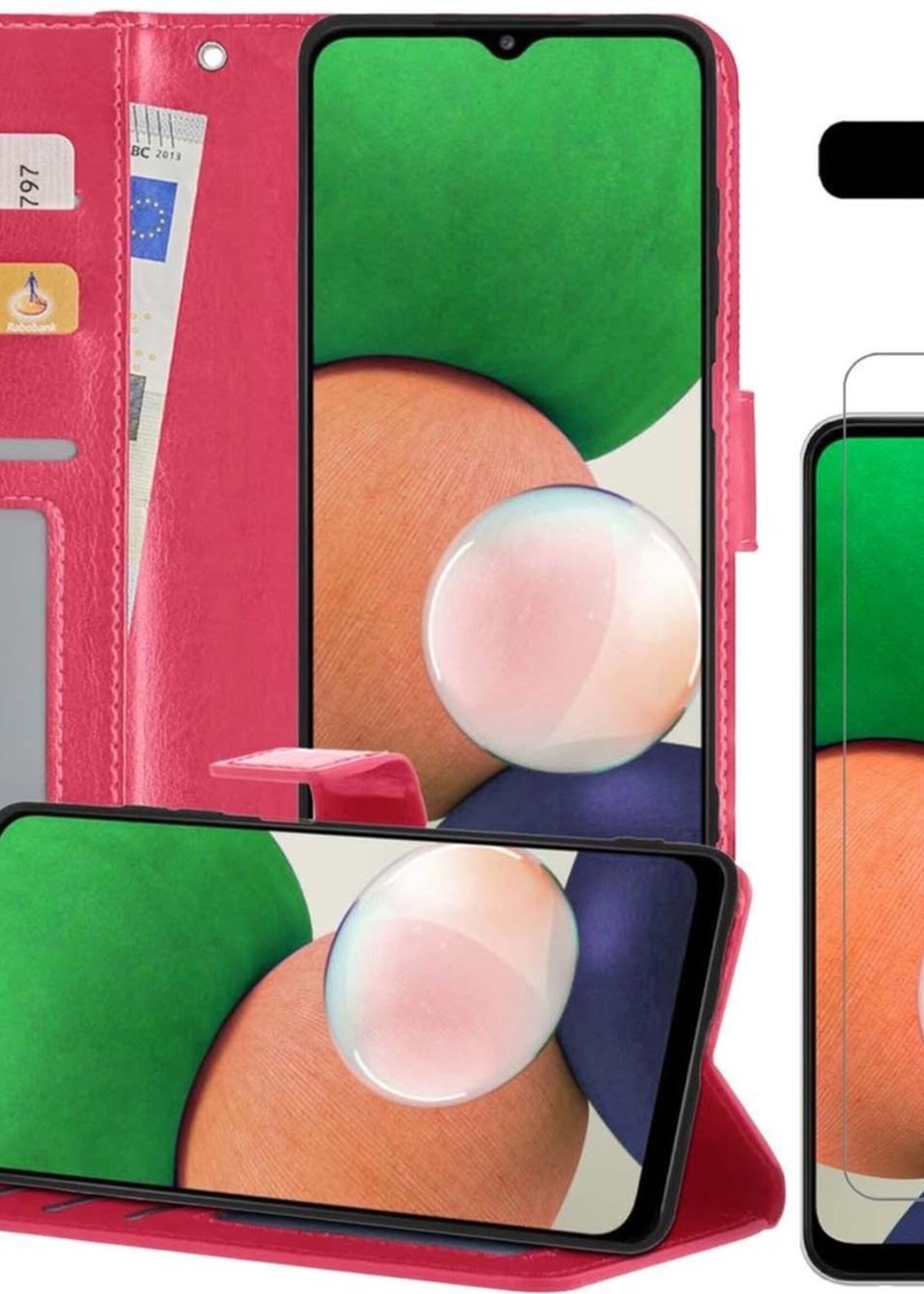 LUQ Hoesje Geschikt voor Samsung A22 5G Hoesje Book Case Hoes Wallet Cover Met Screenprotector - Hoes Geschikt voor Samsung Galaxy A22 5G Hoesje Bookcase Hoes - Donkerroze