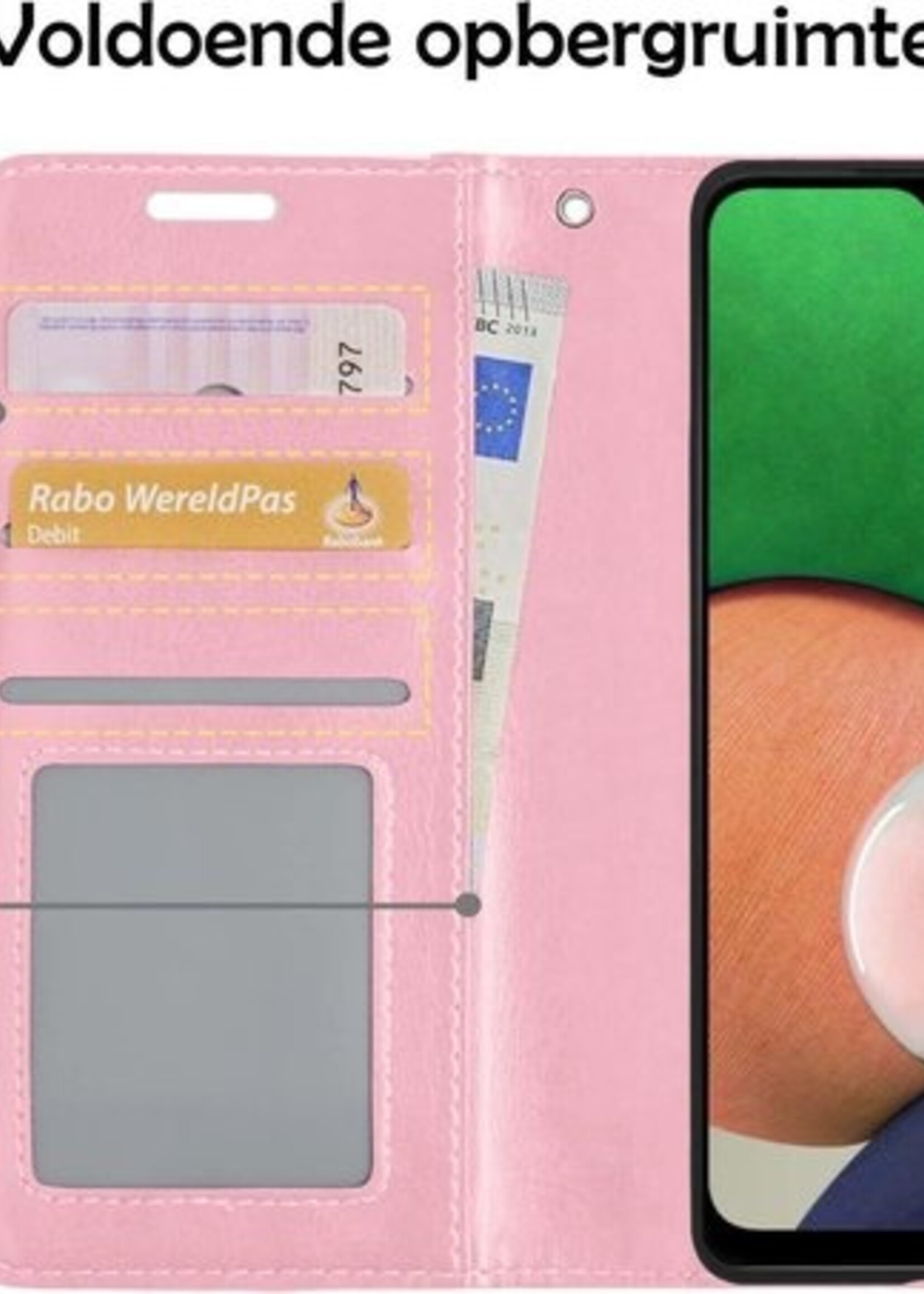 LUQ Hoesje Geschikt voor Samsung A22 5G Hoesje Book Case Hoes Wallet Cover Met 2x Screenprotector - Hoes Geschikt voor Samsung Galaxy A22 5G Hoesje Bookcase Hoes - Lichtroze