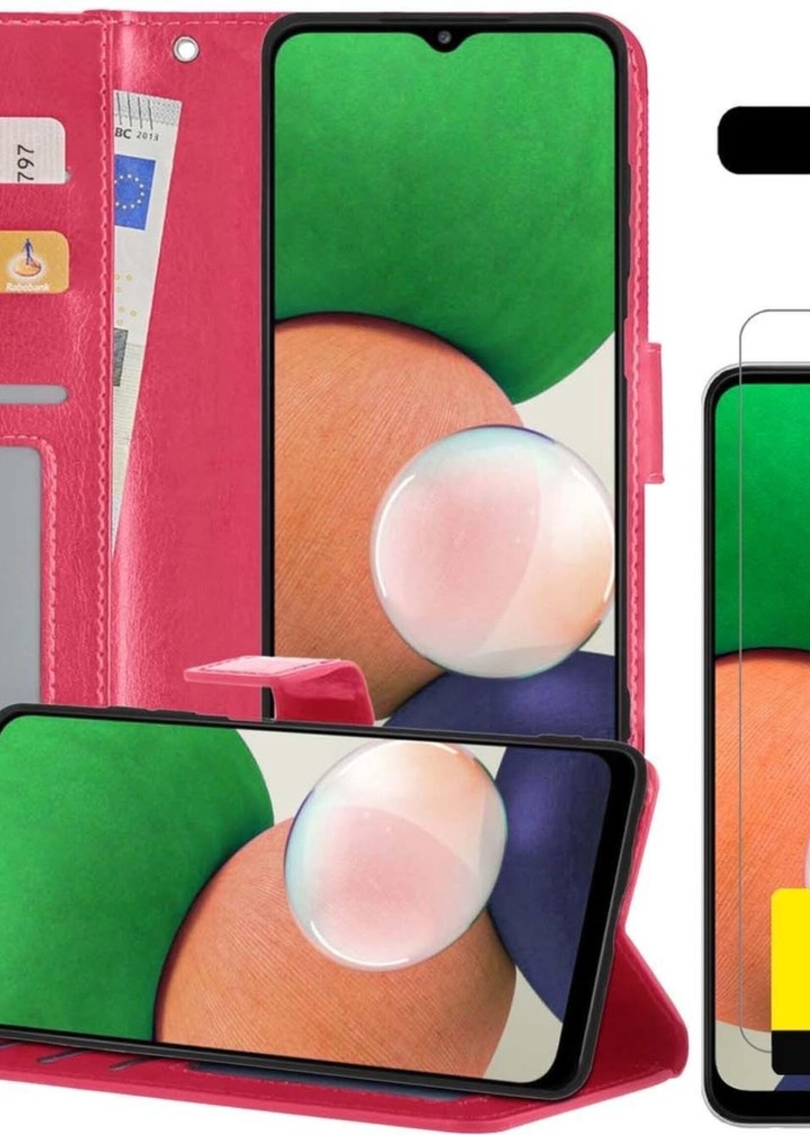 LUQ Hoesje Geschikt voor Samsung A22 5G Hoesje Book Case Hoes Wallet Cover Met 2x Screenprotector - Hoes Geschikt voor Samsung Galaxy A22 5G Hoesje Bookcase Hoes - Donkerroze