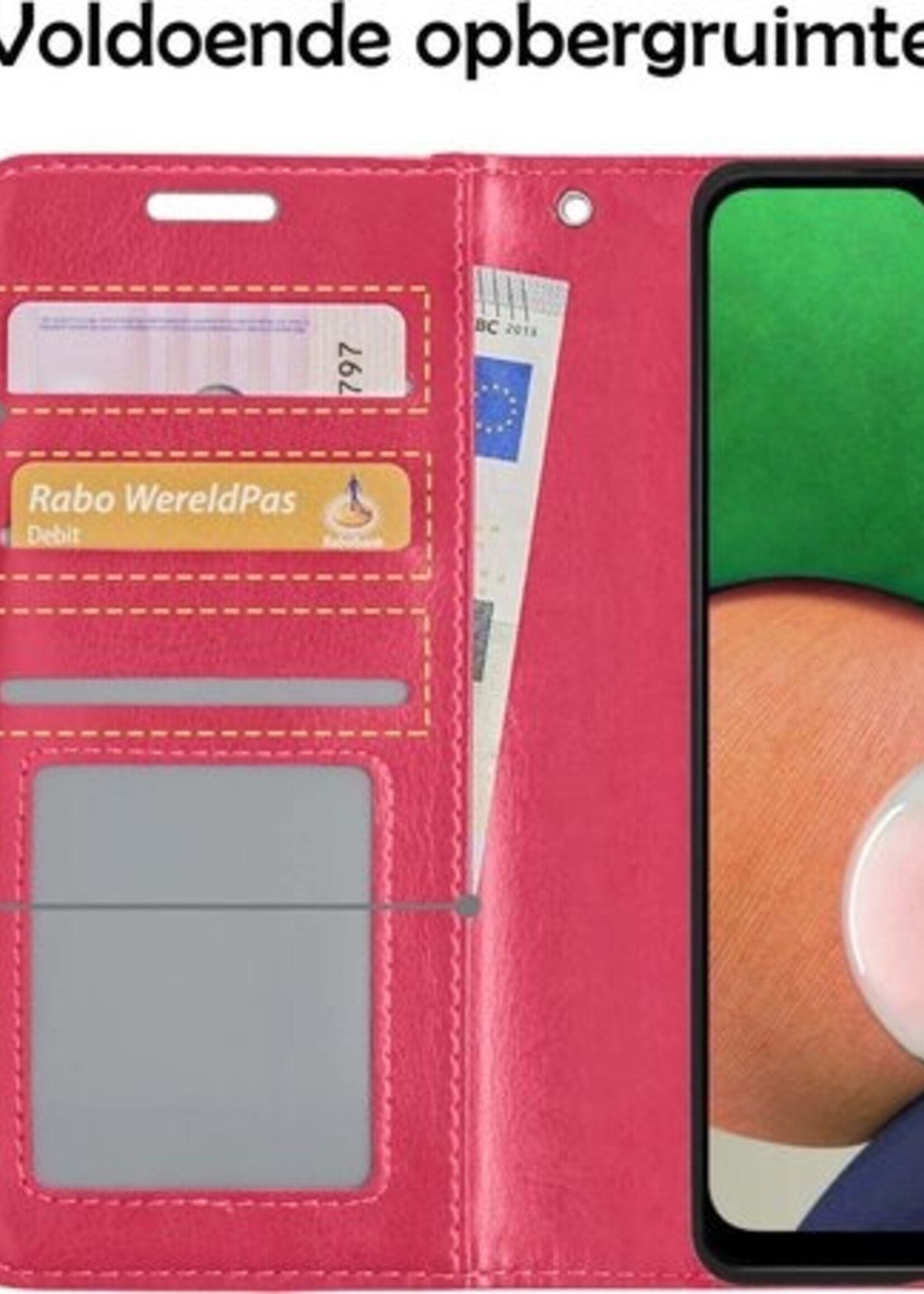 LUQ Hoesje Geschikt voor Samsung A22 5G Hoesje Book Case Hoes Wallet Cover Met 2x Screenprotector - Hoes Geschikt voor Samsung Galaxy A22 5G Hoesje Bookcase Hoes - Donkerroze