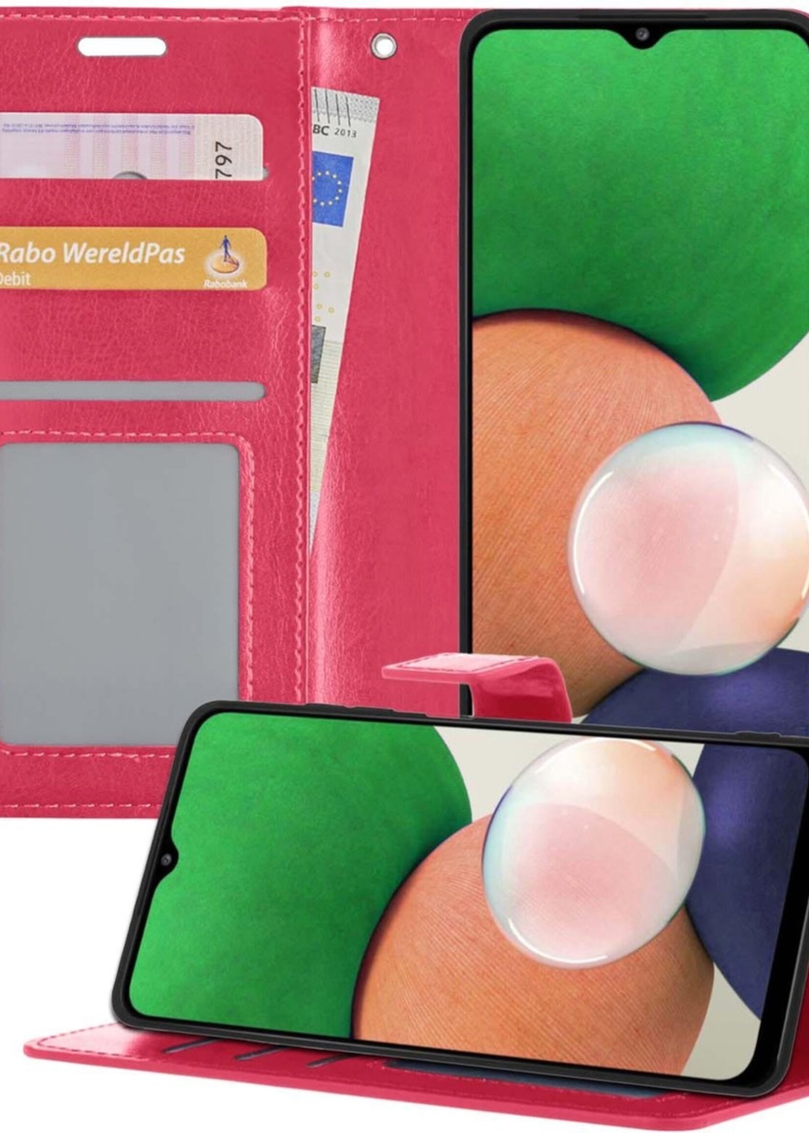 LUQ Hoesje Geschikt voor Samsung A22 5G Hoesje Book Case Hoes Wallet Cover - Hoes Geschikt voor Samsung Galaxy A22 5G Hoesje Bookcase Hoes - Donkerroze