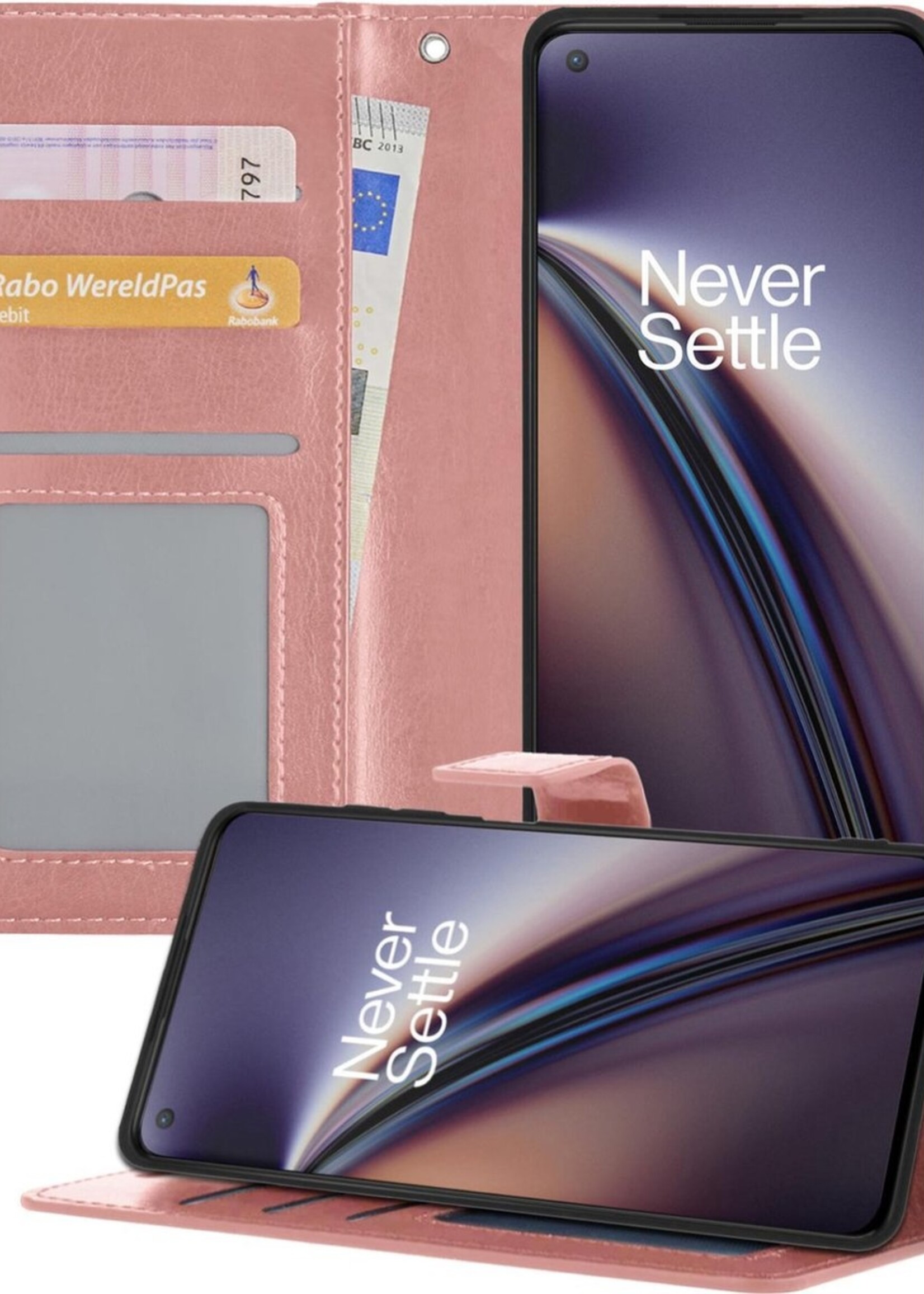 LUQ Hoesje Geschikt voor OnePlus Nord CE Hoesje Book Case Hoes Wallet Cover - Hoes Geschikt voor OnePlus Nord CE Hoesje Bookcase Hoes - Rosé goud