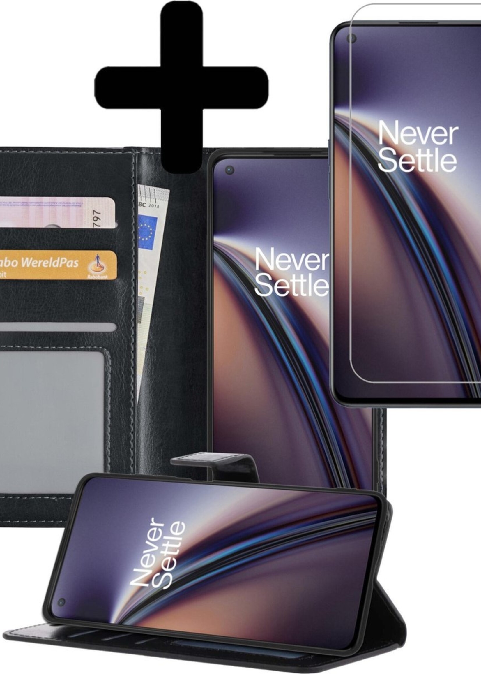 LUQ Hoesje Geschikt voor OnePlus Nord CE Hoesje Book Case Hoes Wallet Cover Met Screenprotector - Hoes Geschikt voor OnePlus Nord CE Hoesje Bookcase Hoes - Zwart