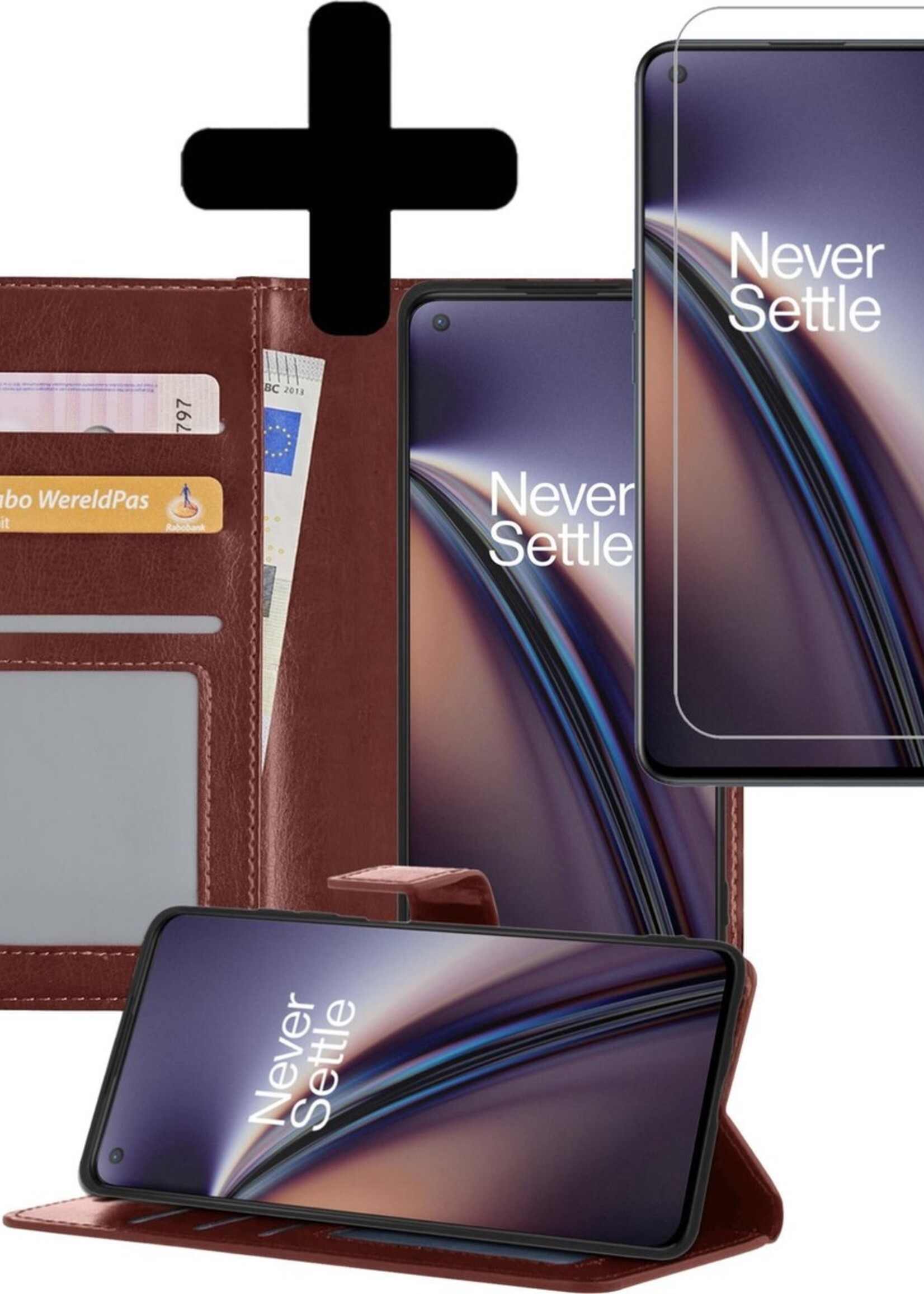 LUQ Hoesje Geschikt voor OnePlus Nord CE Hoesje Book Case Hoes Wallet Cover Met Screenprotector - Hoes Geschikt voor OnePlus Nord CE Hoesje Bookcase Hoes - Bruin