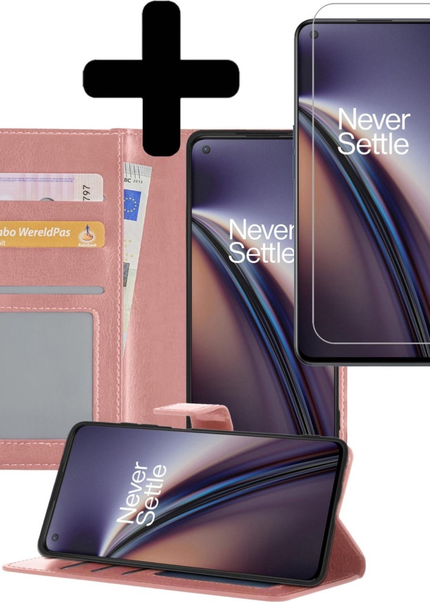 LUQ Hoesje Geschikt voor OnePlus Nord CE Hoesje Book Case Hoes Wallet Cover Met Screenprotector - Hoes Geschikt voor OnePlus Nord CE Hoesje Bookcase Hoes - Rosé goud