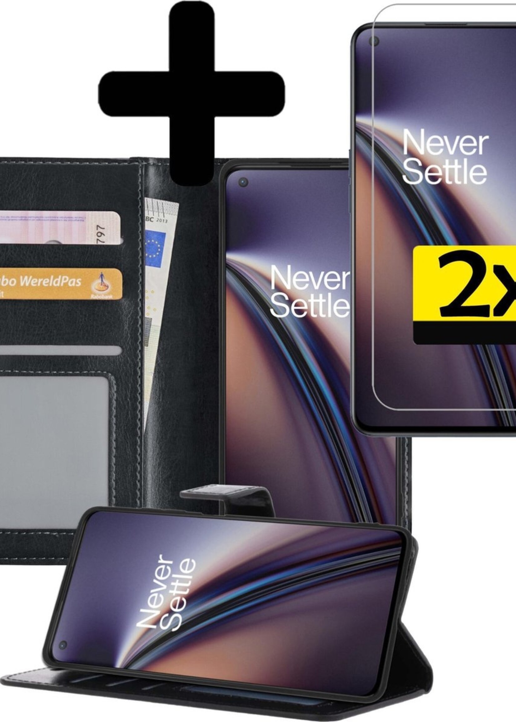 LUQ Hoesje Geschikt voor OnePlus Nord CE Hoesje Book Case Hoes Wallet Cover Met 2x Screenprotector - Hoes Geschikt voor OnePlus Nord CE Hoesje Bookcase Hoes - Zwart