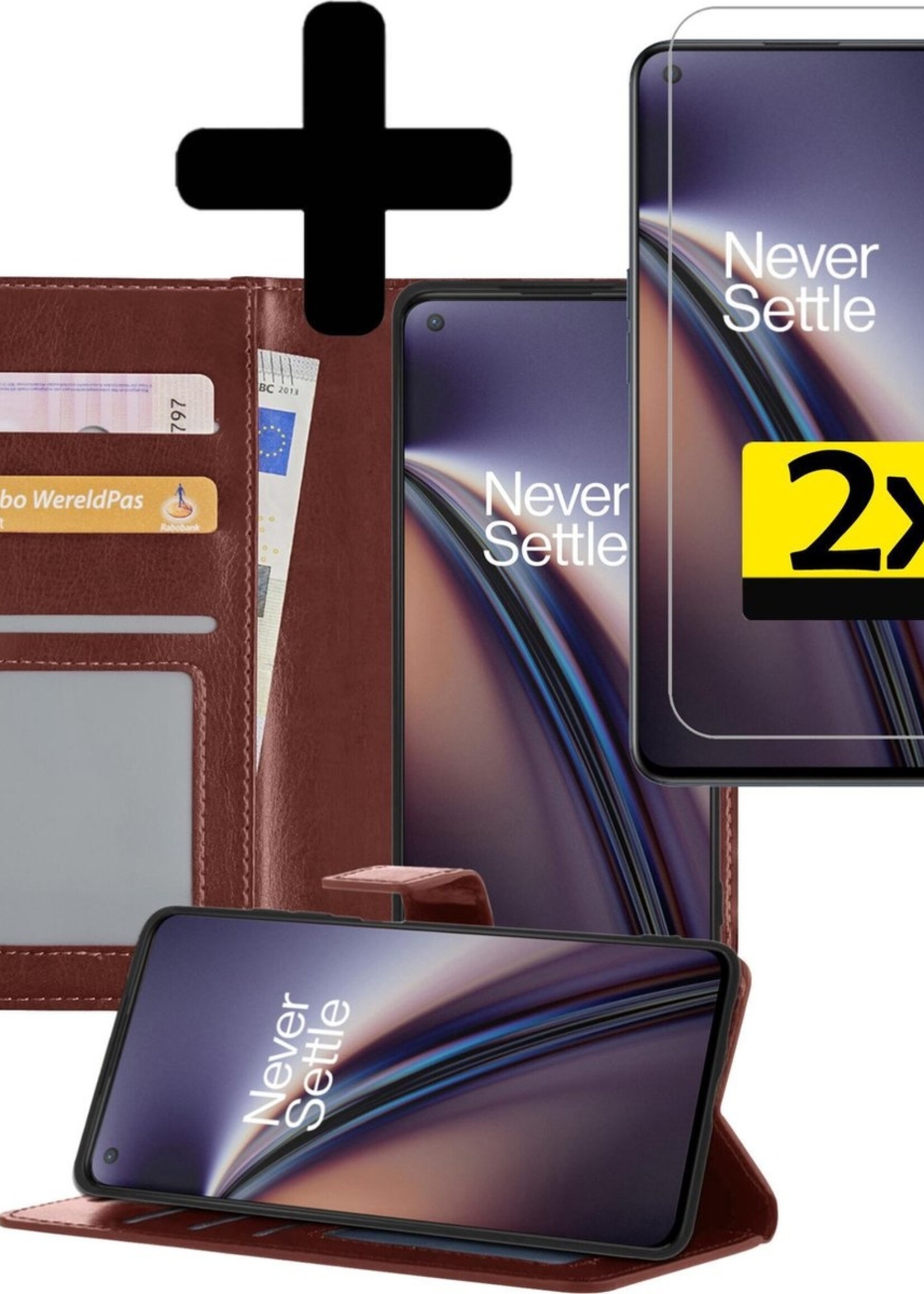 LUQ Hoesje Geschikt voor OnePlus Nord CE Hoesje Book Case Hoes Wallet Cover Met 2x Screenprotector - Hoes Geschikt voor OnePlus Nord CE Hoesje Bookcase Hoes - Bruin