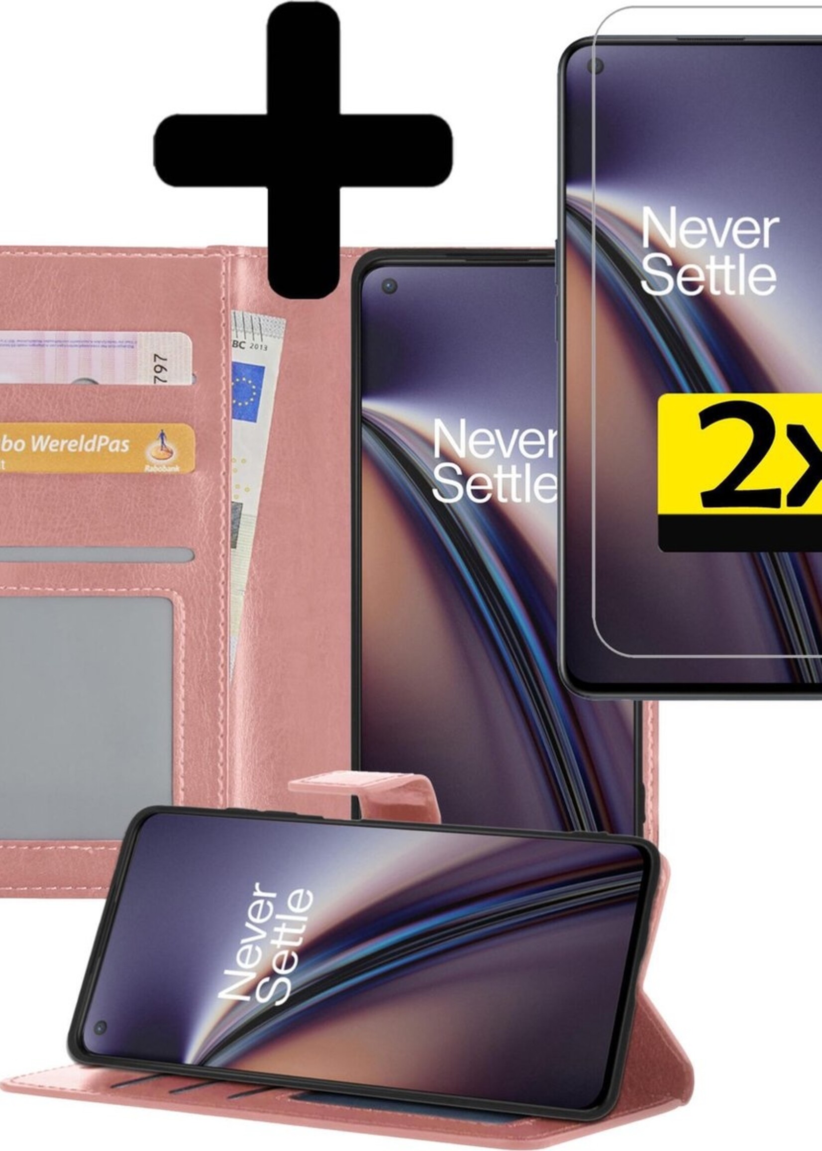 LUQ Hoesje Geschikt voor OnePlus Nord CE Hoesje Book Case Hoes Wallet Cover Met 2x Screenprotector - Hoes Geschikt voor OnePlus Nord CE Hoesje Bookcase Hoes - Rosé goud