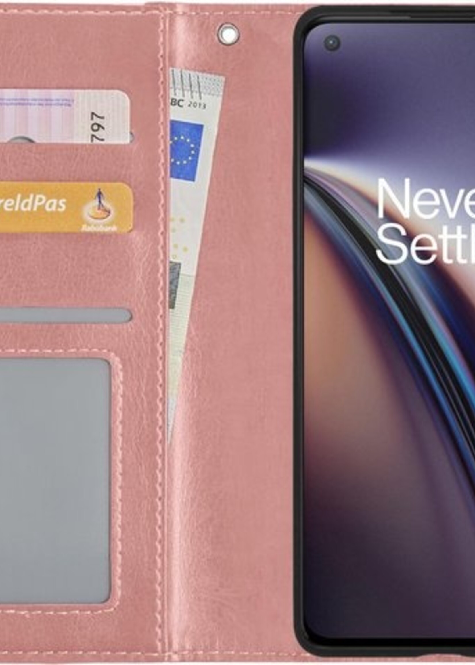 LUQ Hoesje Geschikt voor OnePlus Nord CE Hoesje Book Case Hoes Wallet Cover Met 2x Screenprotector - Hoes Geschikt voor OnePlus Nord CE Hoesje Bookcase Hoes - Rosé goud