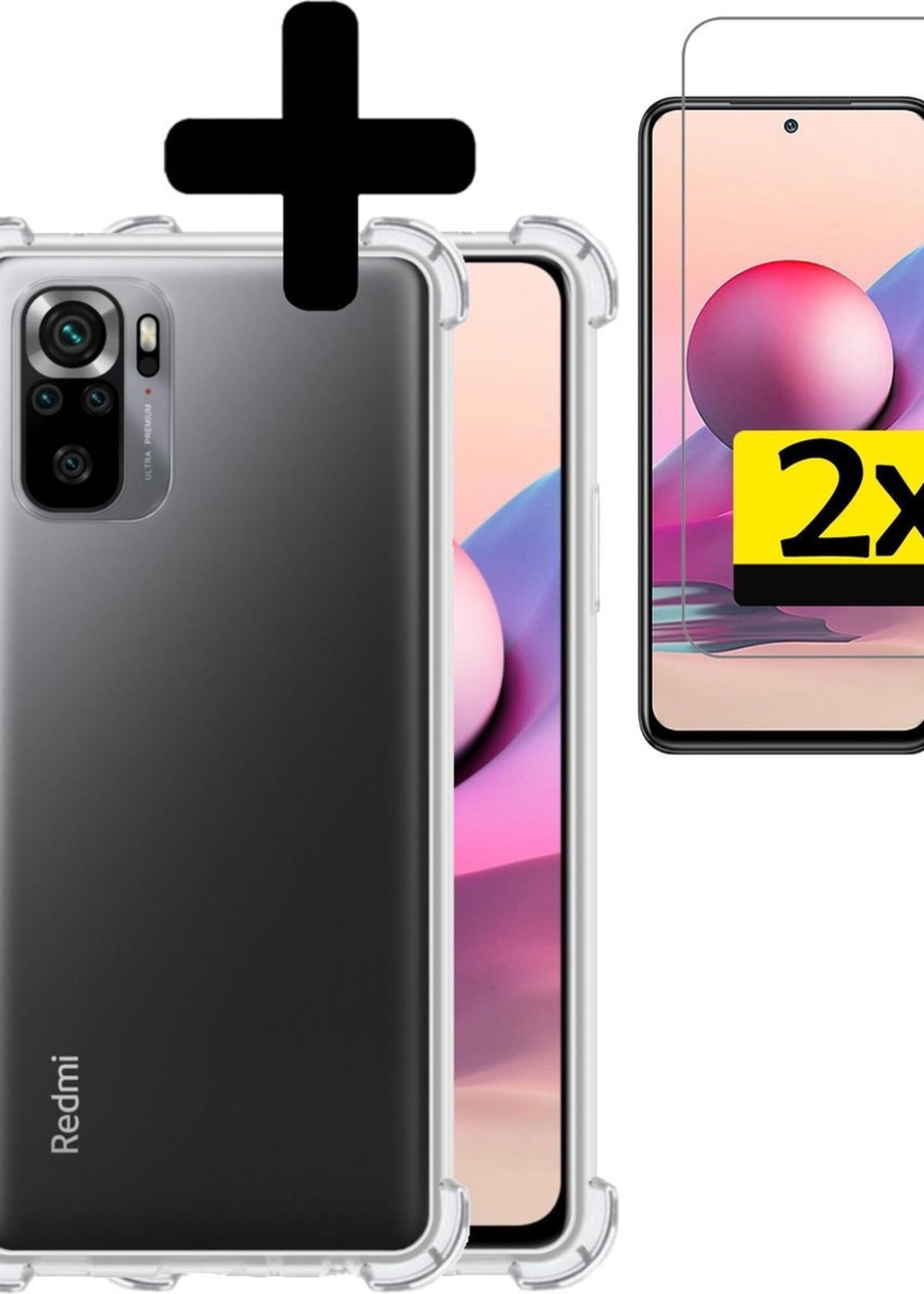 LUQ Hoesje Geschikt voor Redmi Note 10S Hoesje Shockproof Case Siliconen Met 2x Screenprotector - Hoes Geschikt voor Redmi Note 10S Hoes Cover Siliconen - Transparant