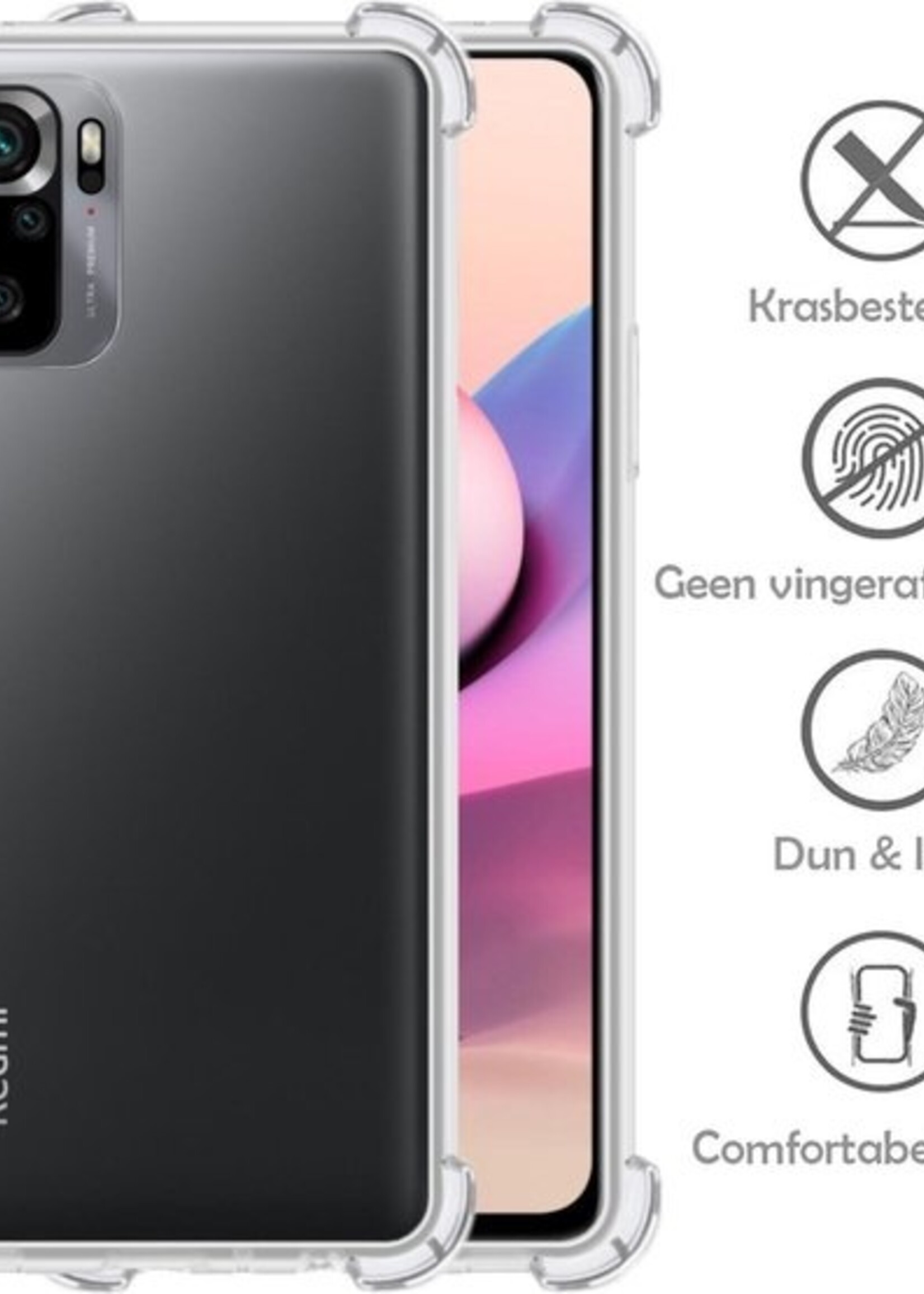 LUQ Hoesje Geschikt voor Redmi Note 10S Hoesje Shockproof Case Siliconen Met 2x Screenprotector - Hoes Geschikt voor Redmi Note 10S Hoes Cover Siliconen - Transparant