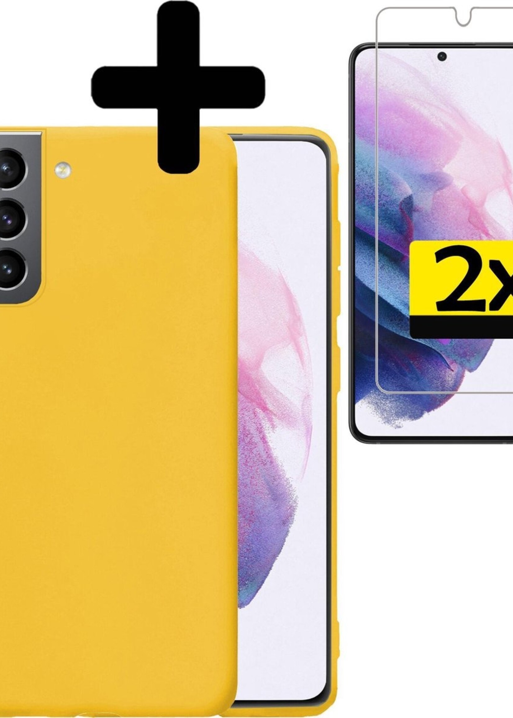 LUQ Hoesje Geschikt voor Samsung S21 Hoesje Siliconen Case Met 2x Screenprotector - Hoes Geschikt voor Samsung Galaxy S21 Hoes Siliconen - Geel