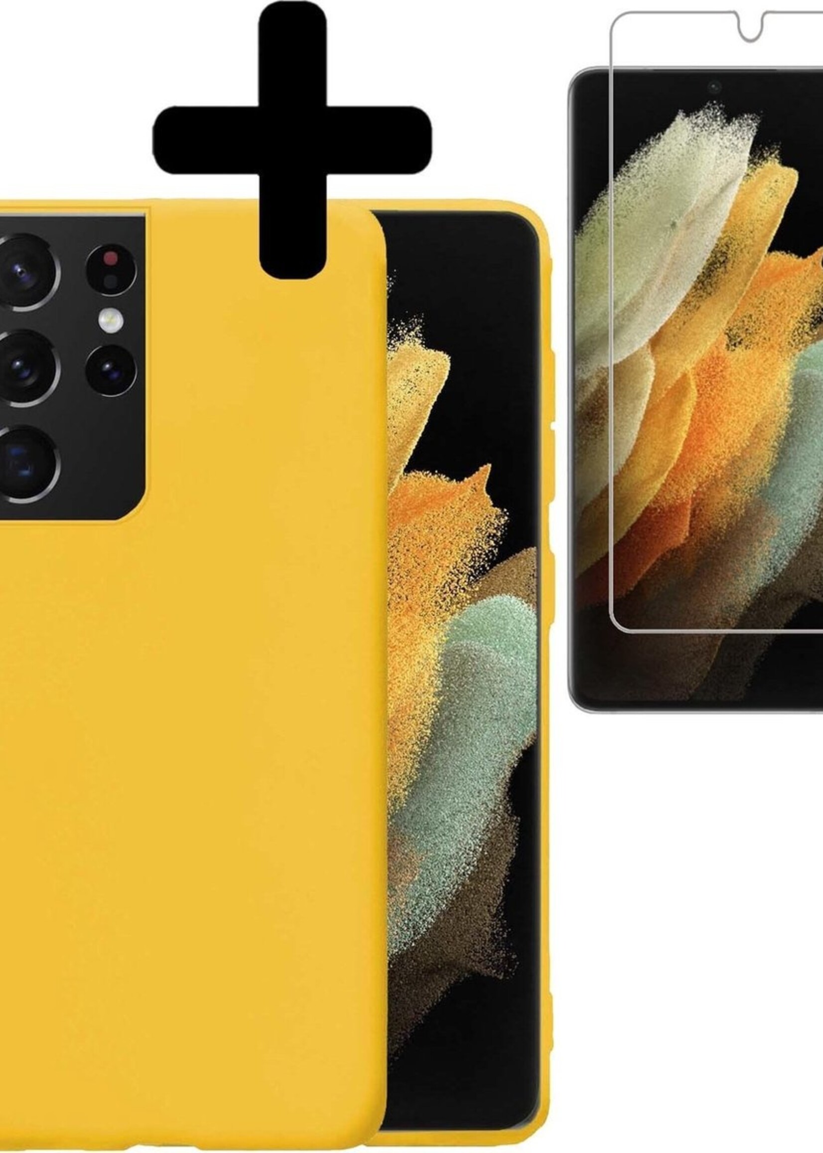 LUQ Hoesje Geschikt voor Samsung S21 Ultra Hoesje Siliconen Case Met Screenprotector - Hoes Geschikt voor Samsung Galaxy S21 Ultra Hoes Siliconen - Geel