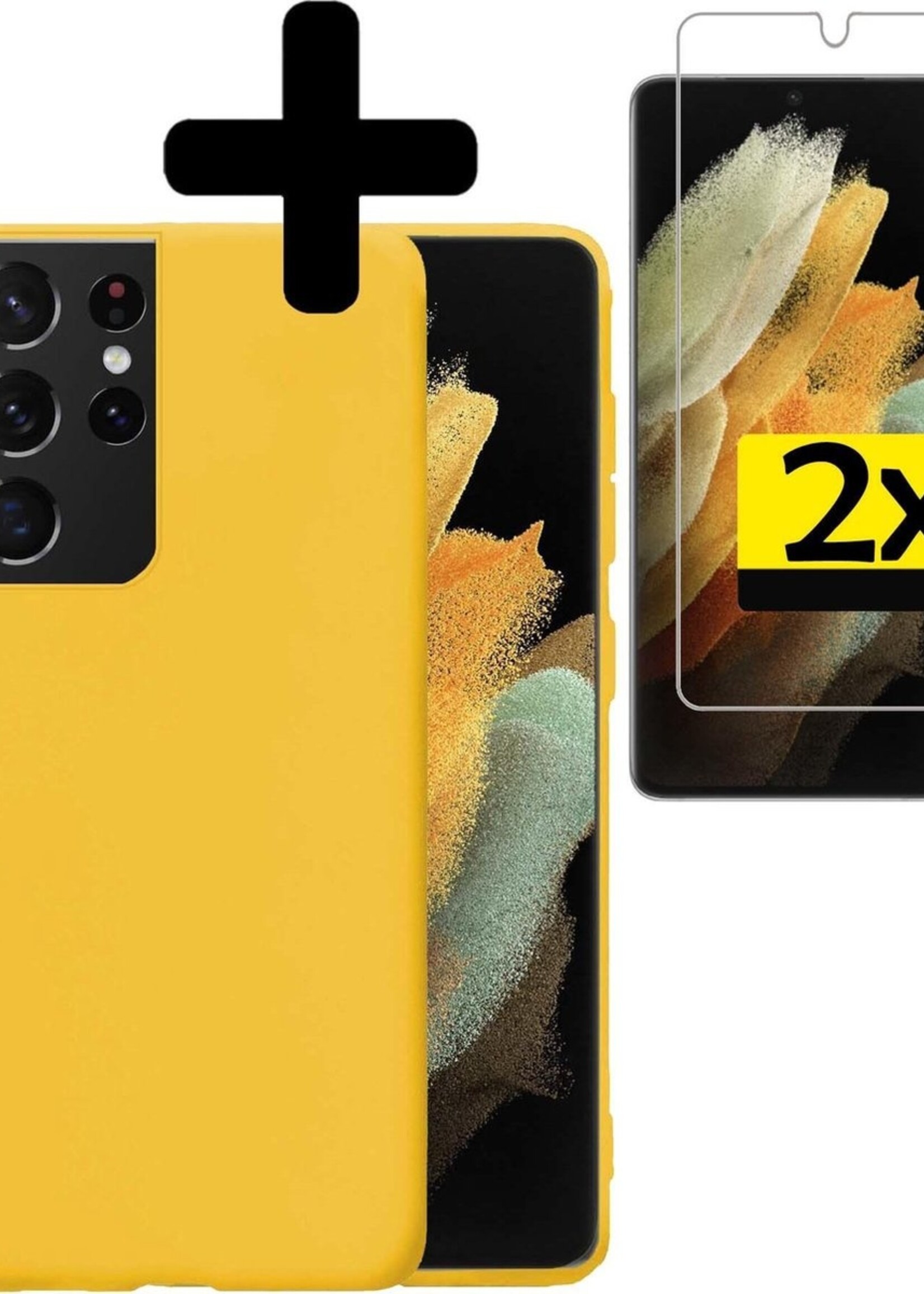 LUQ Hoesje Geschikt voor Samsung S21 Ultra Hoesje Siliconen Case Met 2x Screenprotector - Hoes Geschikt voor Samsung Galaxy S21 Ultra Hoes Siliconen - Geel