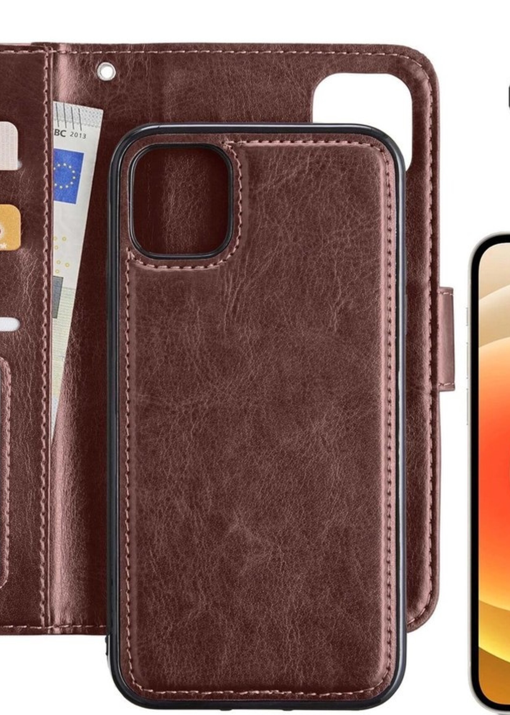LUQ Hoesje Geschikt voor iPhone 12 Hoesje Case Uitneembare Bookcase 2-in-1 Hoes Met Screenprotector - Hoes Geschikt voor iPhone 12 Hoes Wallet Case Met Pasjeshouder Hoesje - Bruin