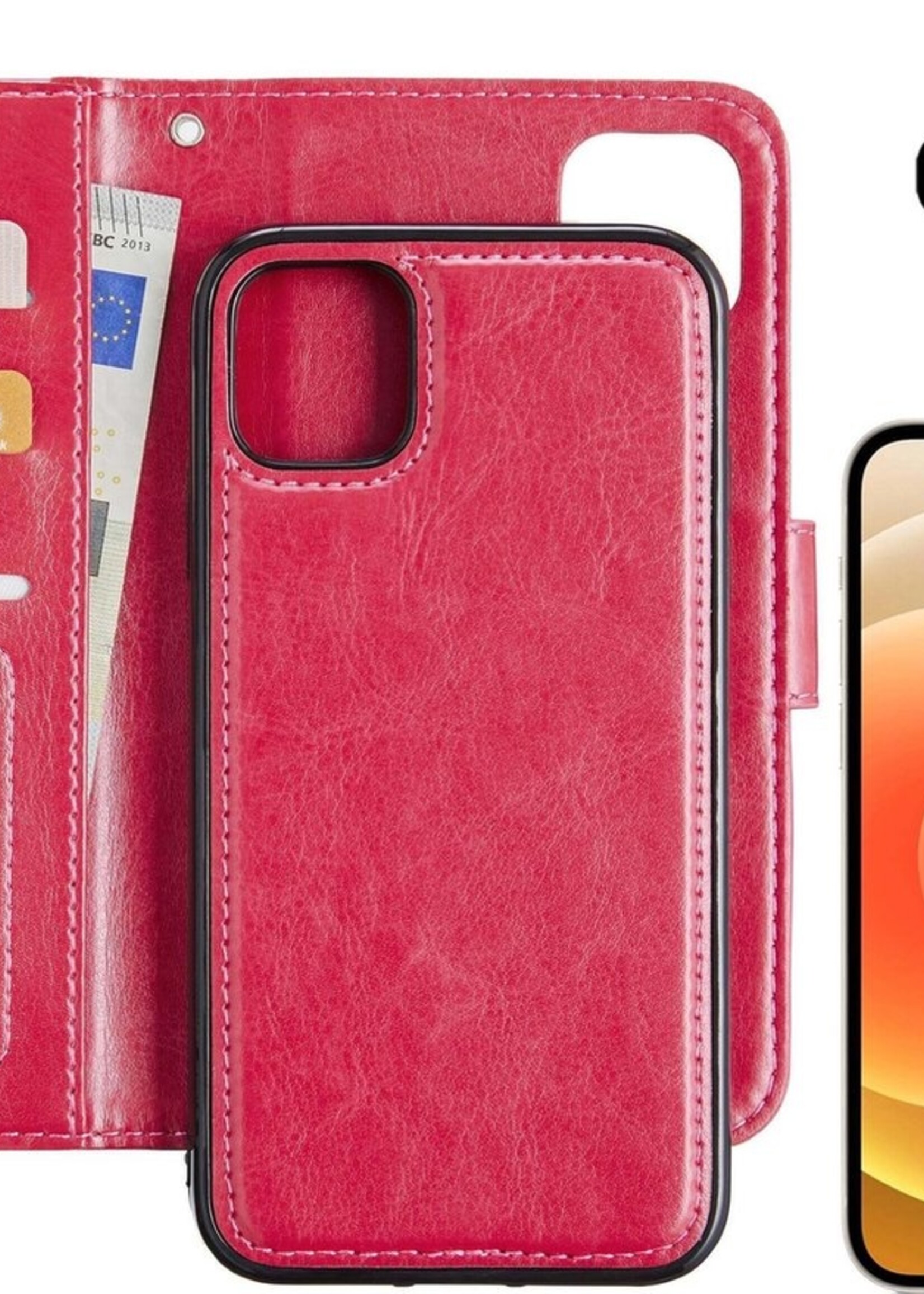 LUQ Hoesje Geschikt voor iPhone 12 Hoesje Case Uitneembare Bookcase 2-in-1 Hoes Met 2x Screenprotector - Hoes Geschikt voor iPhone 12 Hoes Wallet Case Met Pasjeshouder Hoesje - Donkerroze