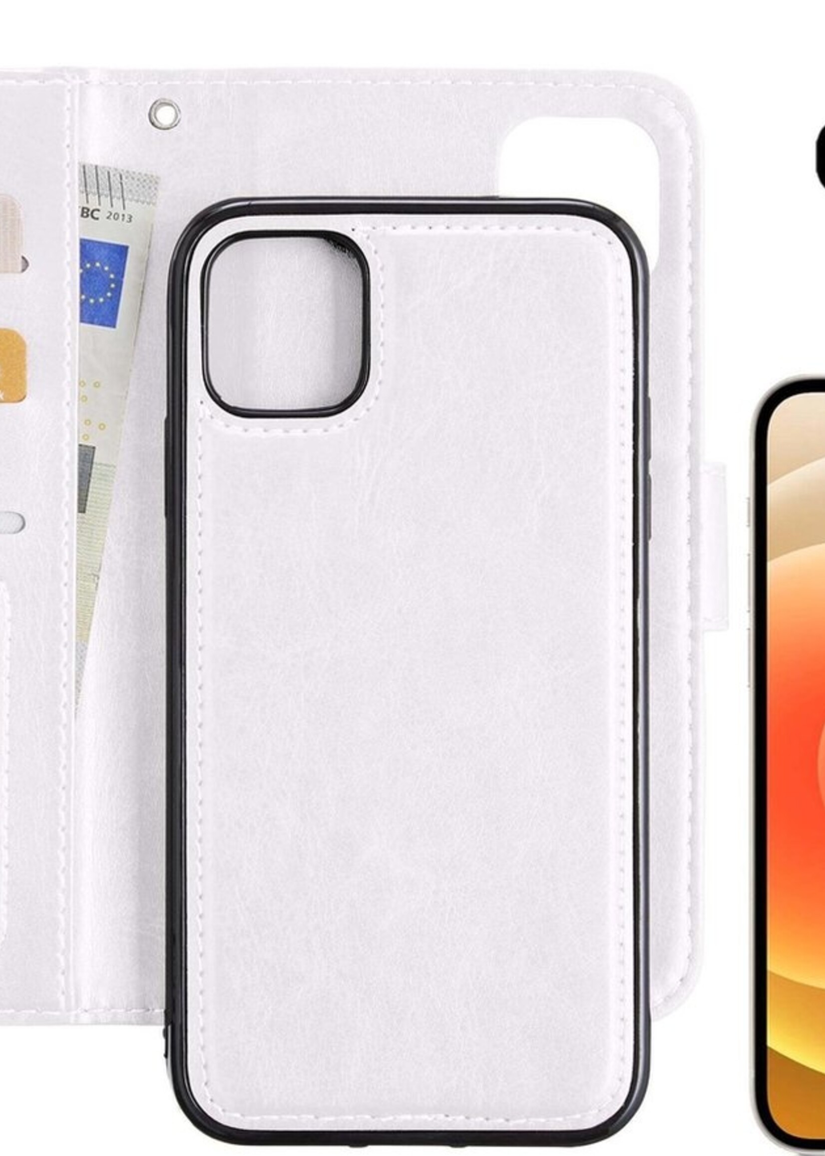 LUQ Hoesje Geschikt voor iPhone 12 Hoesje Case Uitneembare Bookcase 2-in-1 Hoes Met 2x Screenprotector - Hoes Geschikt voor iPhone 12 Hoes Wallet Case Met Pasjeshouder Hoesje - Wit