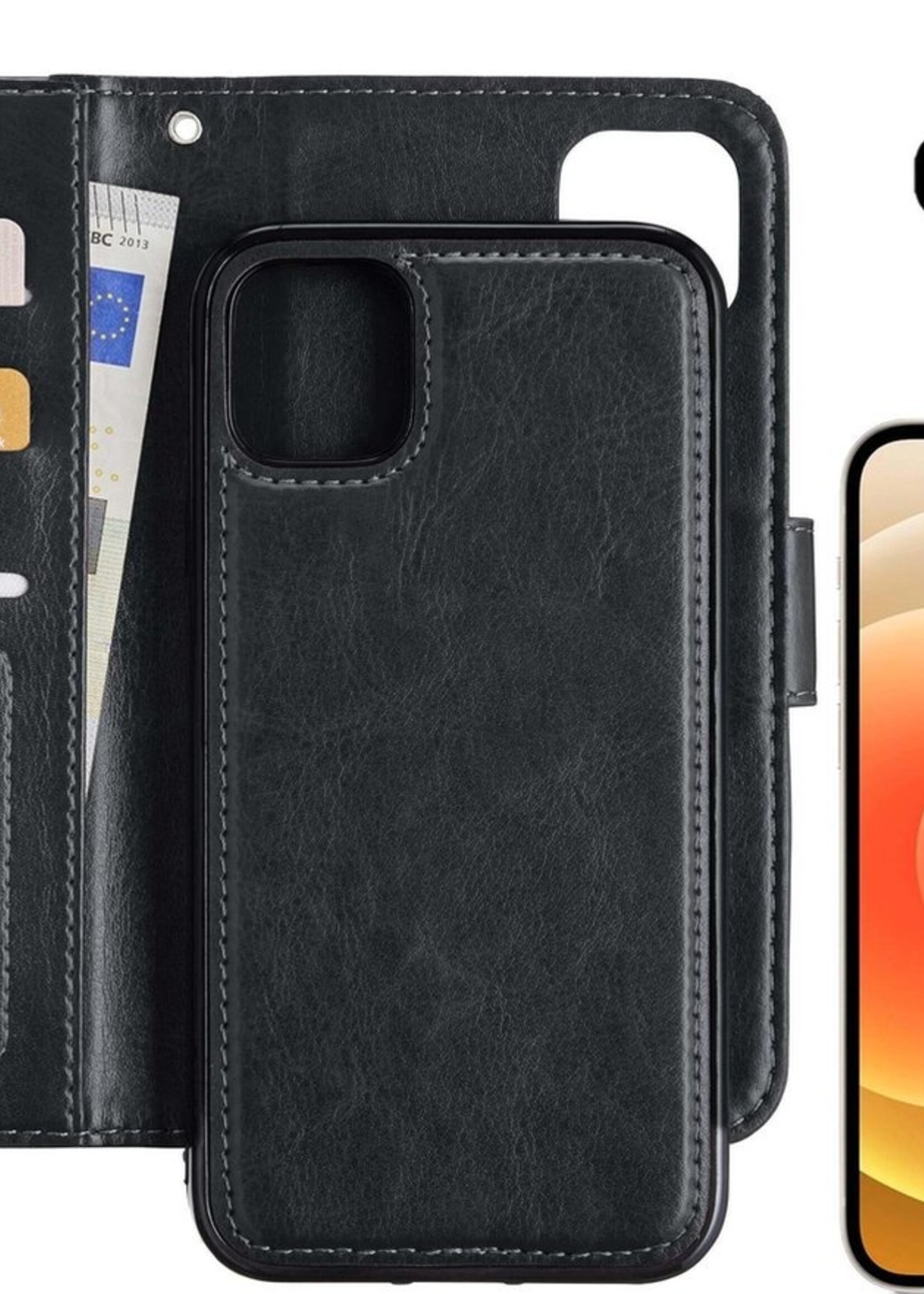 LUQ Hoesje Geschikt voor iPhone 12 Hoesje Case Uitneembare Bookcase 2-in-1 Hoes Met 2x Screenprotector - Hoes Geschikt voor iPhone 12 Hoes Wallet Case Met Pasjeshouder Hoesje - Zwart