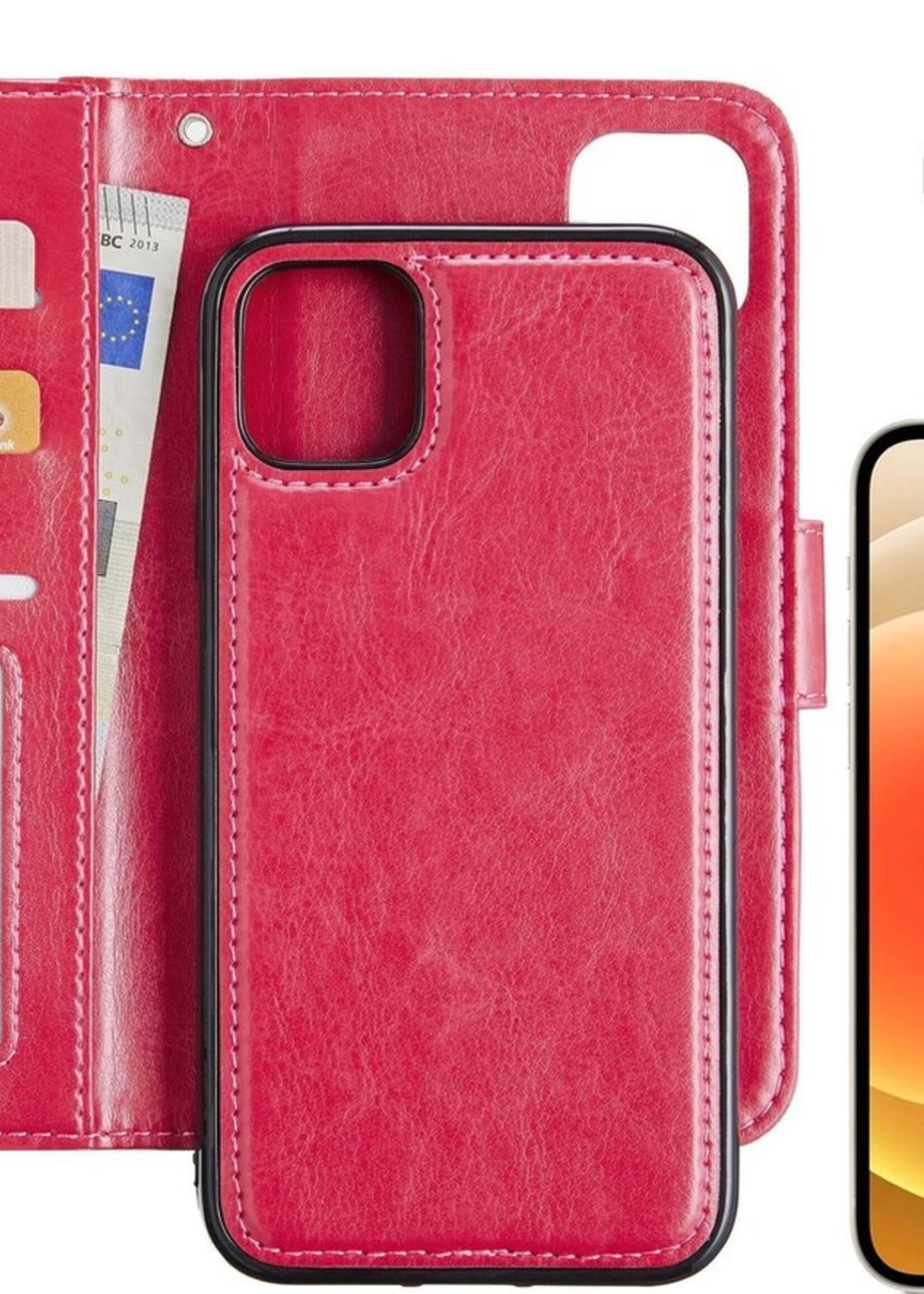 LUQ Hoesje Geschikt voor iPhone 12 Pro Hoesje Case Uitneembare Bookcase 2-in-1 Hoes Met Screenprotector - Hoes Geschikt voor iPhone 12 Pro Hoes Wallet Case Met Pasjeshouder Hoesje - Donkerroze