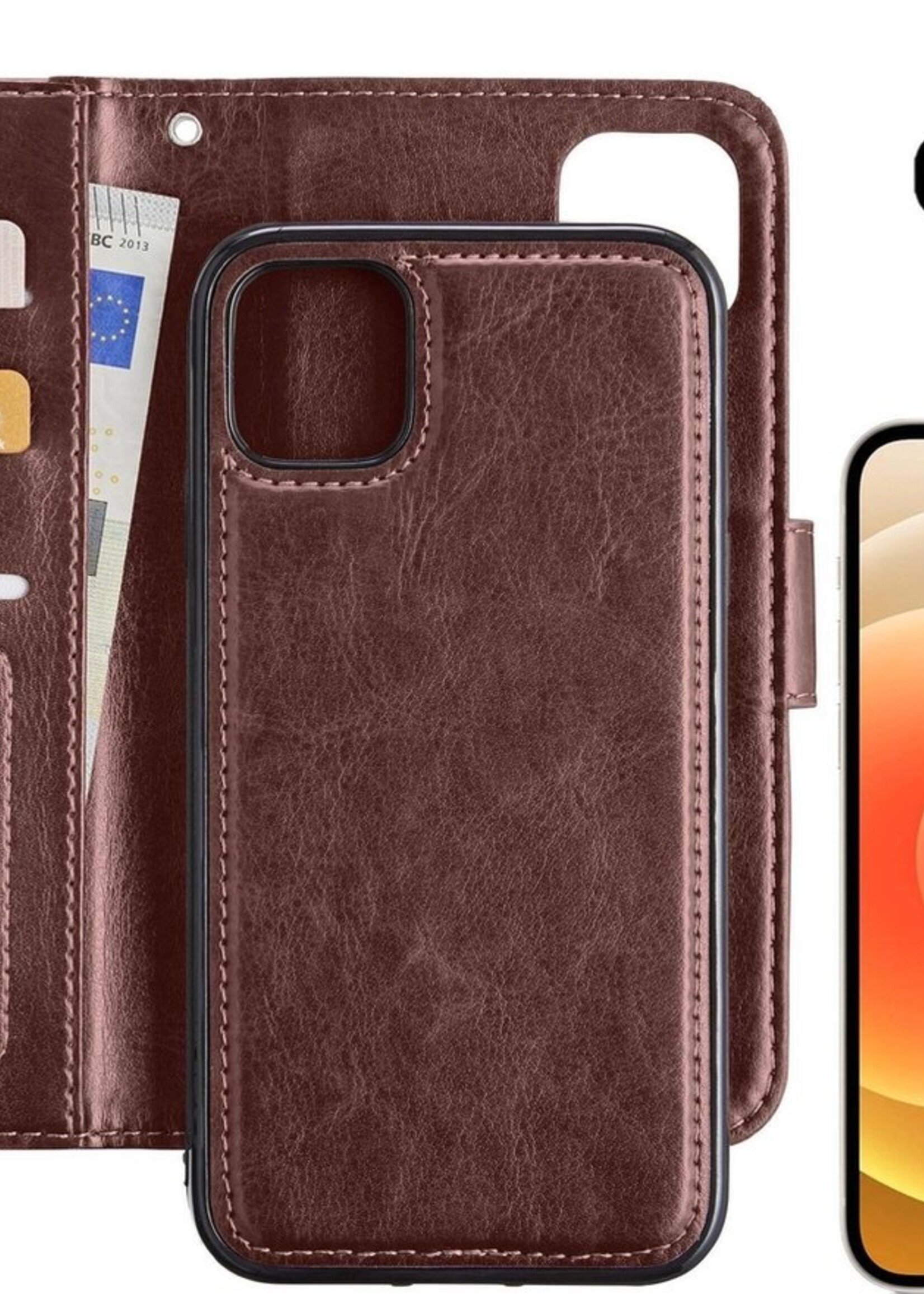 LUQ Hoesje Geschikt voor iPhone 12 Pro Hoesje Case Uitneembare Bookcase 2-in-1 Hoes Met 2x Screenprotector - Hoes Geschikt voor iPhone 12 Pro Hoes Wallet Case Met Pasjeshouder Hoesje - Bruin